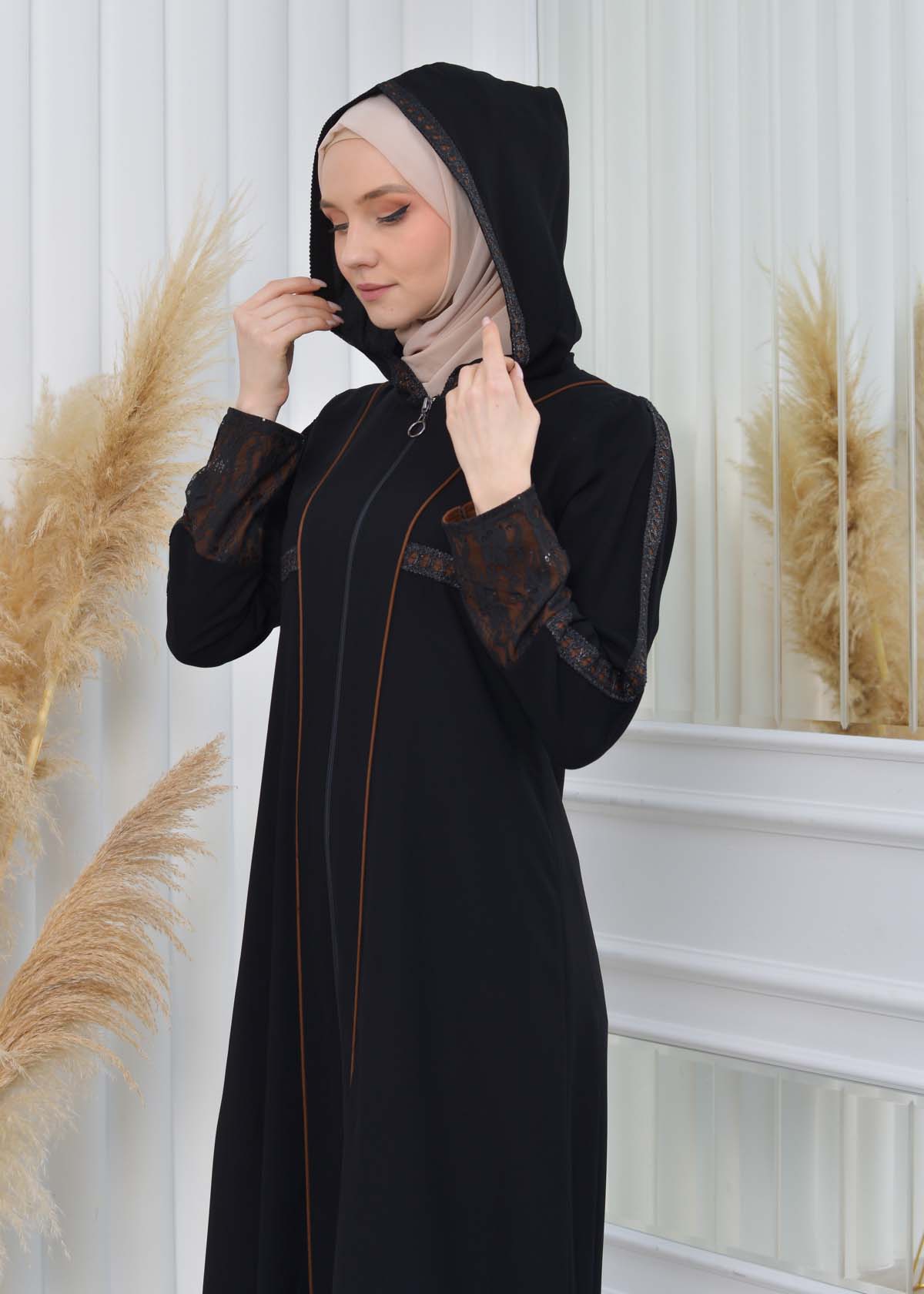 Hooded Zippered Hijab Abaya 613 taba