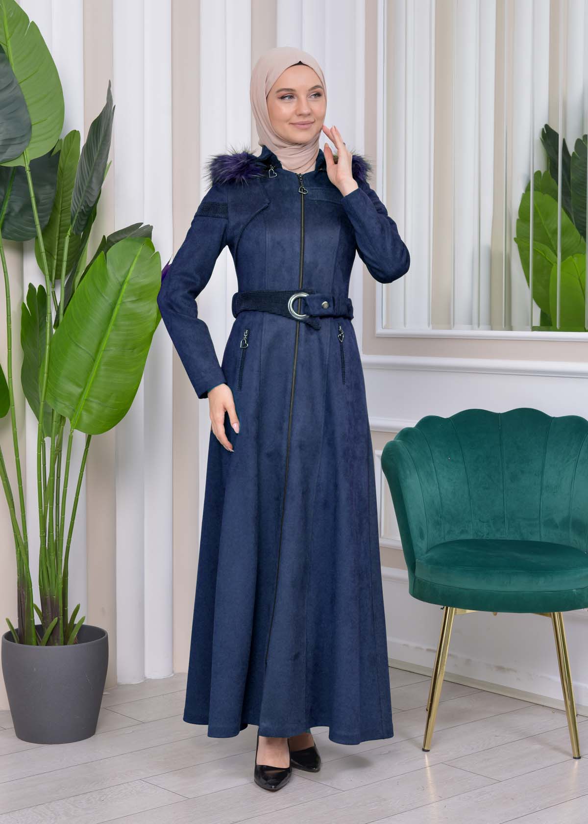 HOODED ZIPPERED HIJAB TOPCOAT 1332 - deep blue