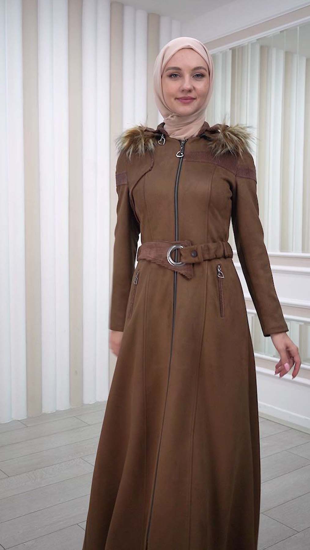 HOODED ZIPPERED HIJAB TOPCOAT 1332 - brown