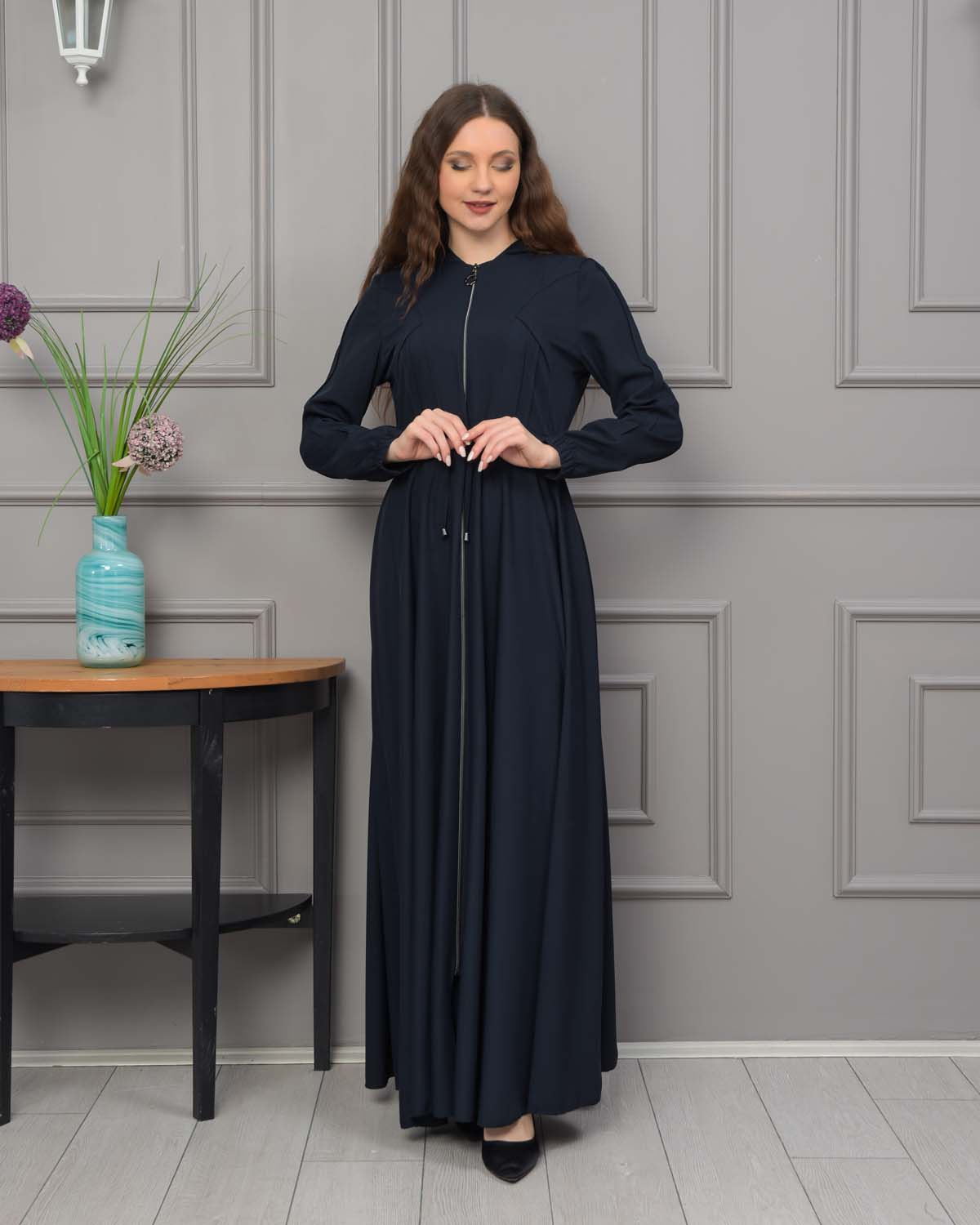 Women's Hooded Abaya with Detachable Belt 694 - deep blue