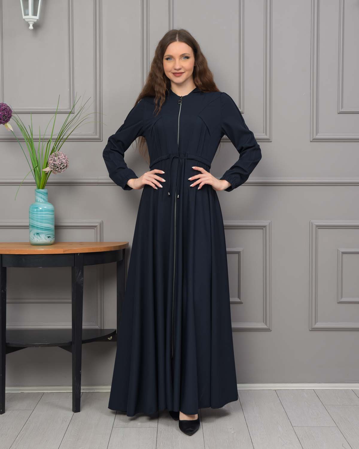 Women's Hooded Abaya with Detachable Belt 694 - deep blue