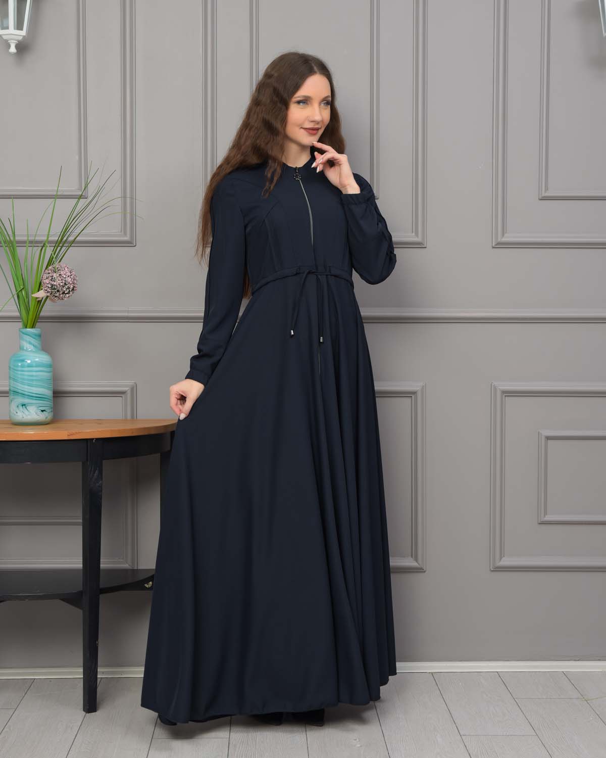 Women's Hooded Abaya with Detachable Belt 694 - deep blue