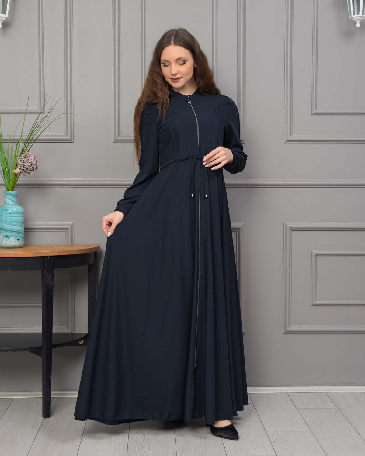 Women's Hooded Abaya with Detachable Belt 694 - deep blue