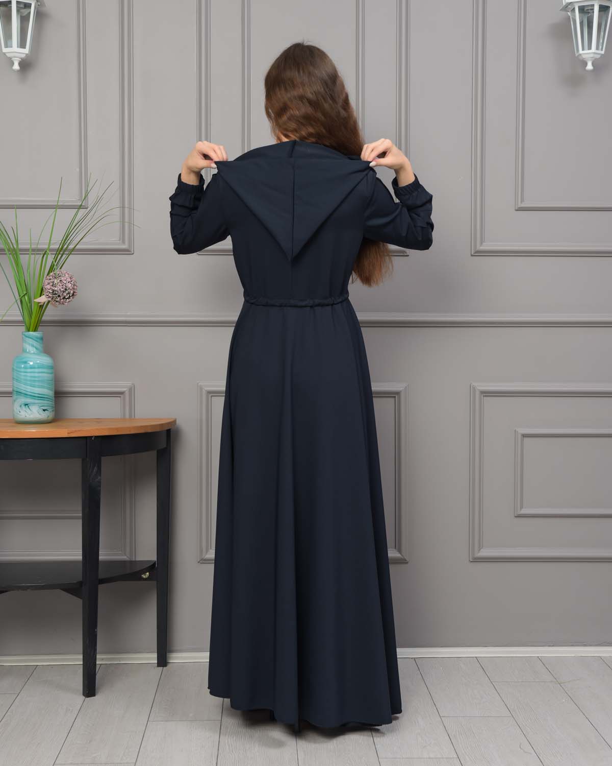 Women's Hooded Abaya with Detachable Belt 694 - deep blue