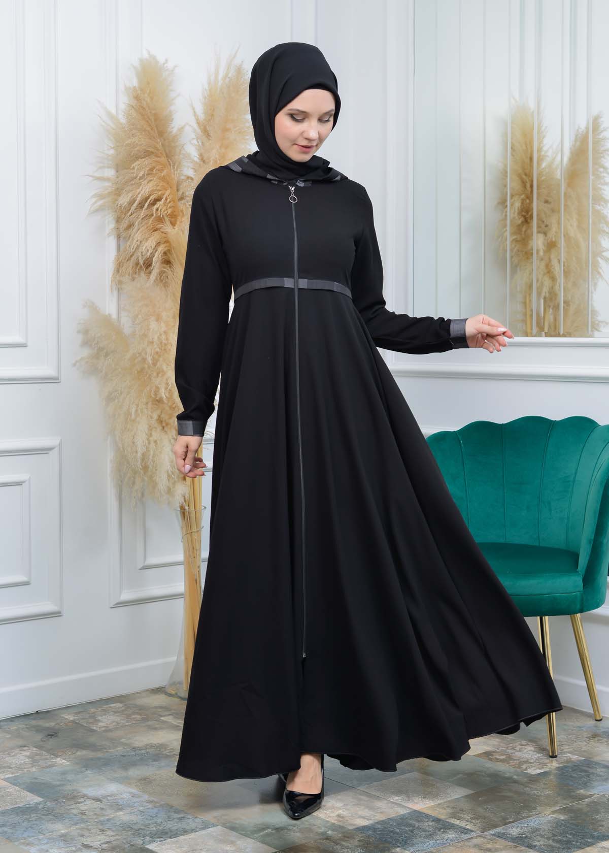 HOODED HIJAB FLASHED ABAYA ABAYA 675 Gri