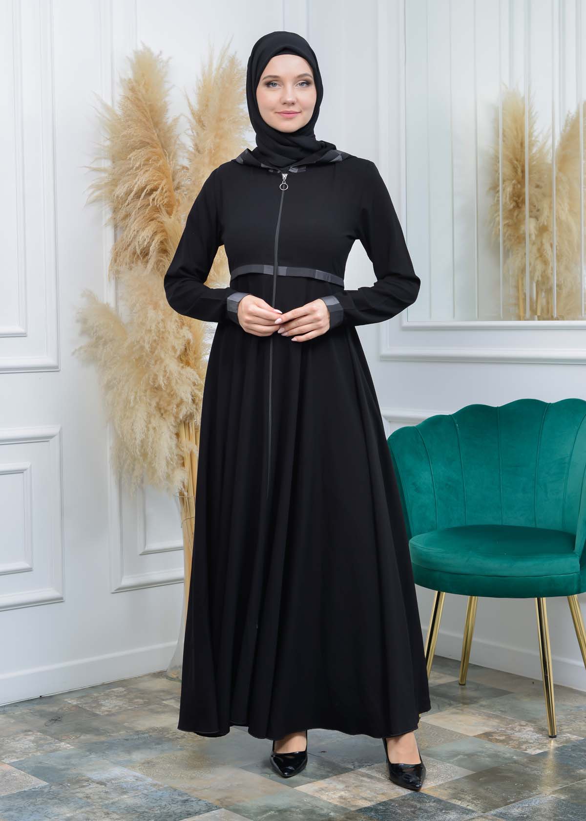 HOODED HIJAB FLASHED ABAYA ABAYA 675 Gri