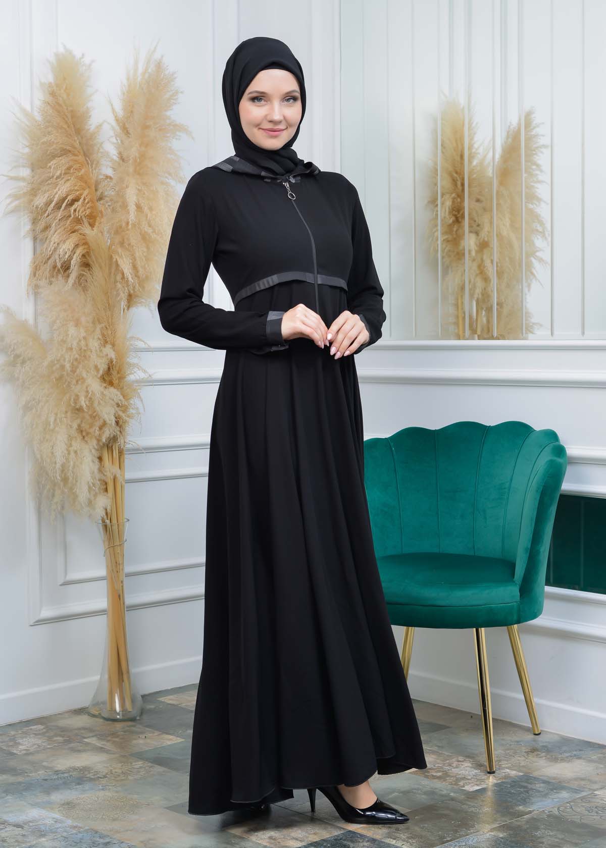 HOODED HIJAB FLASHED ABAYA ABAYA 675 Gri