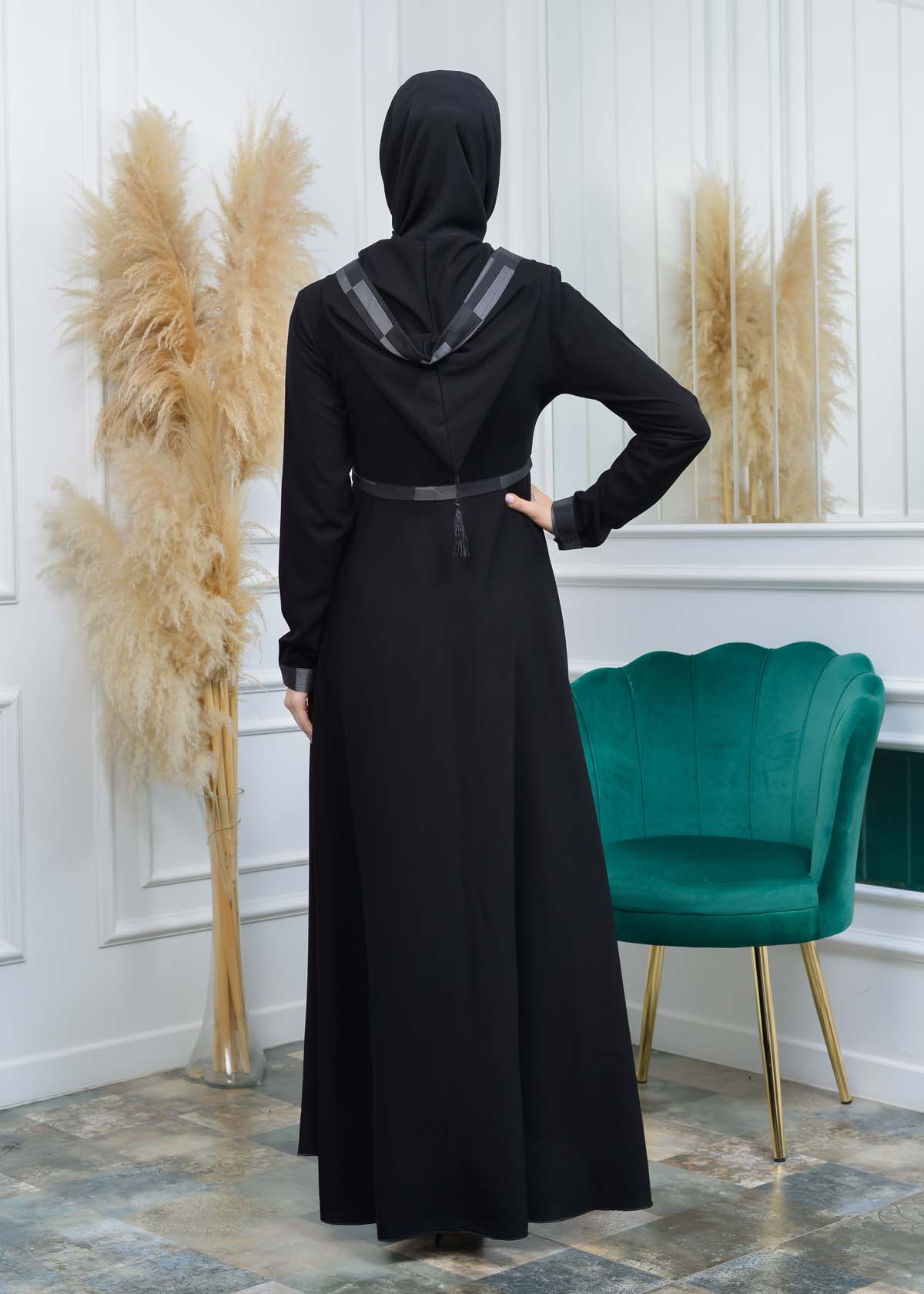 HOODED HIJAB FLASHED ABAYA ABAYA 675 Gri