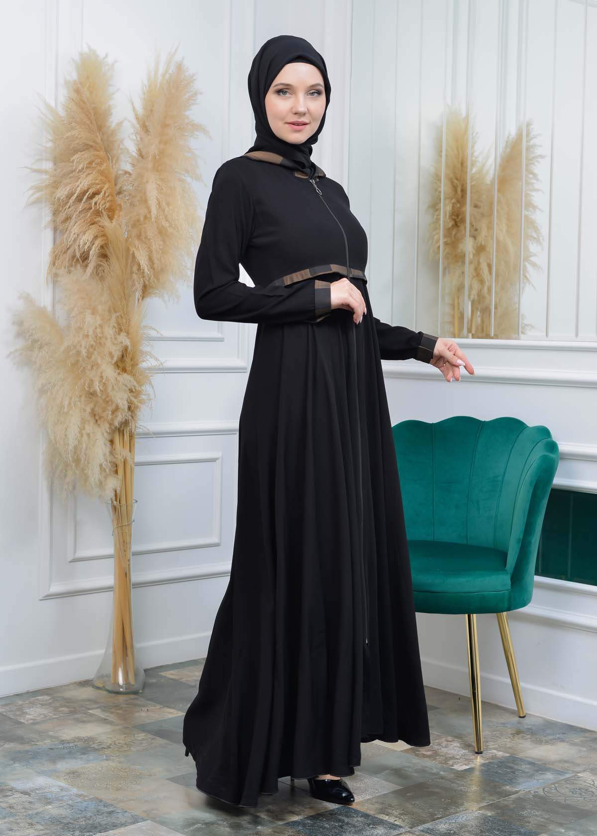 HOODED HIJAB FLASHED ABAYA ABAYA 675 Bej