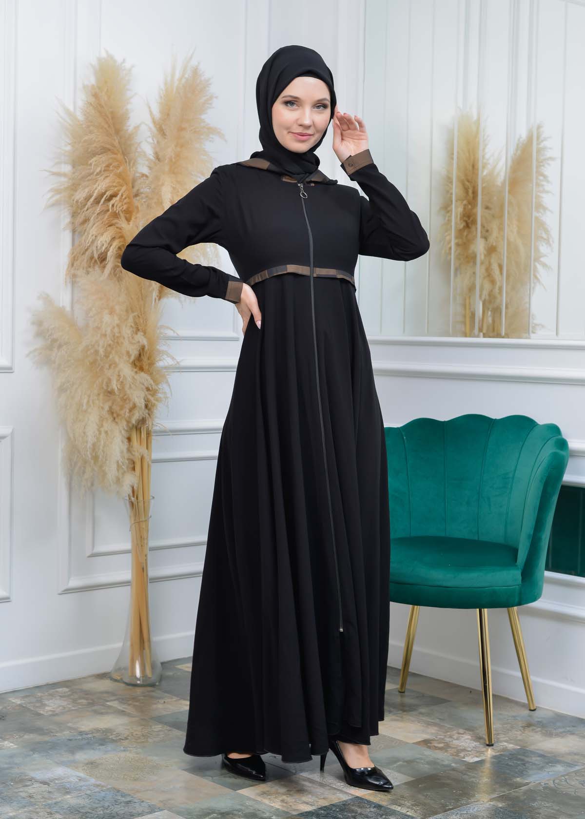 HOODED HIJAB FLASHED ABAYA ABAYA 675 Bej