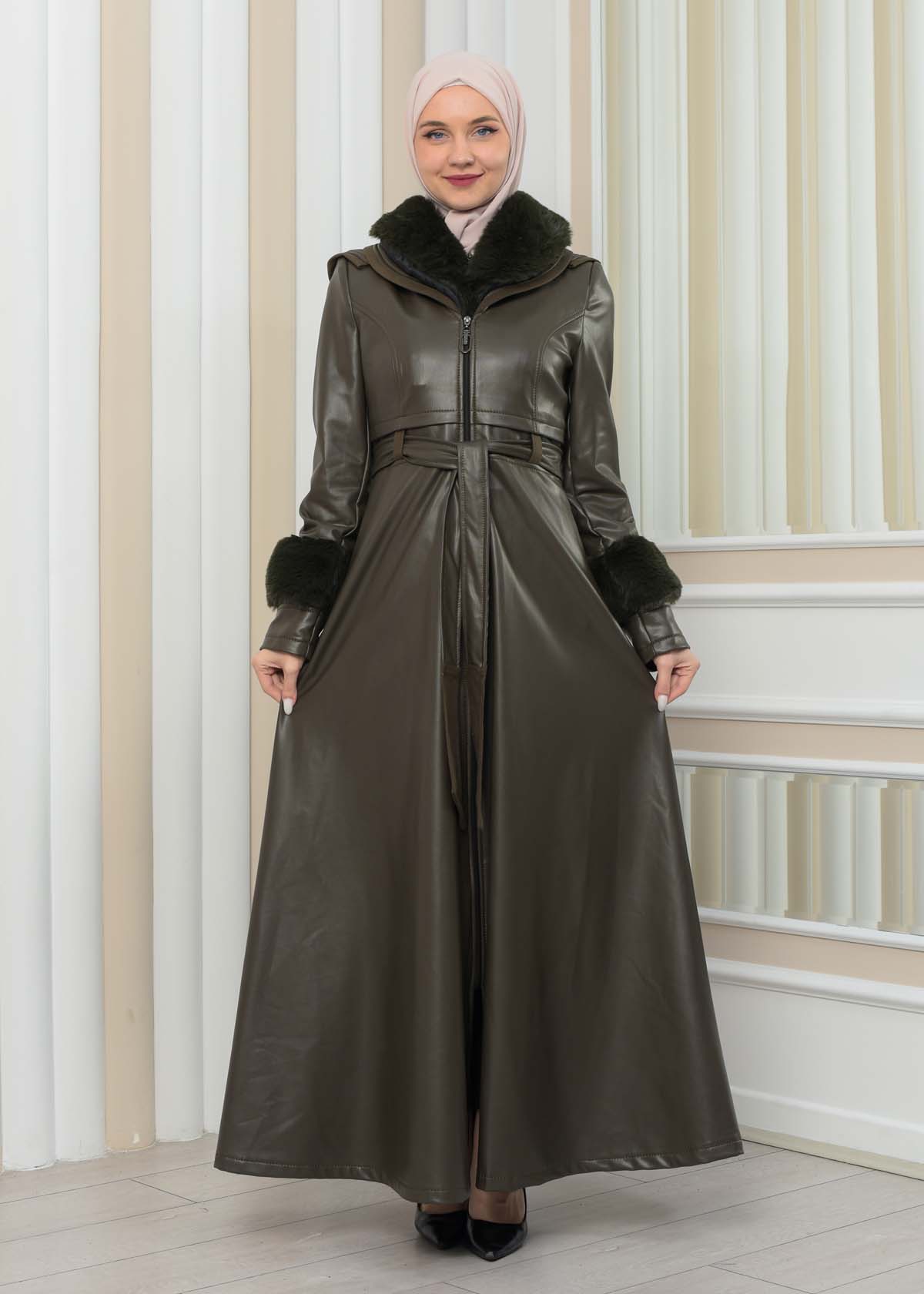 HOODED FUR SLEEVE BELT LEATHER COAT 1349 Haki