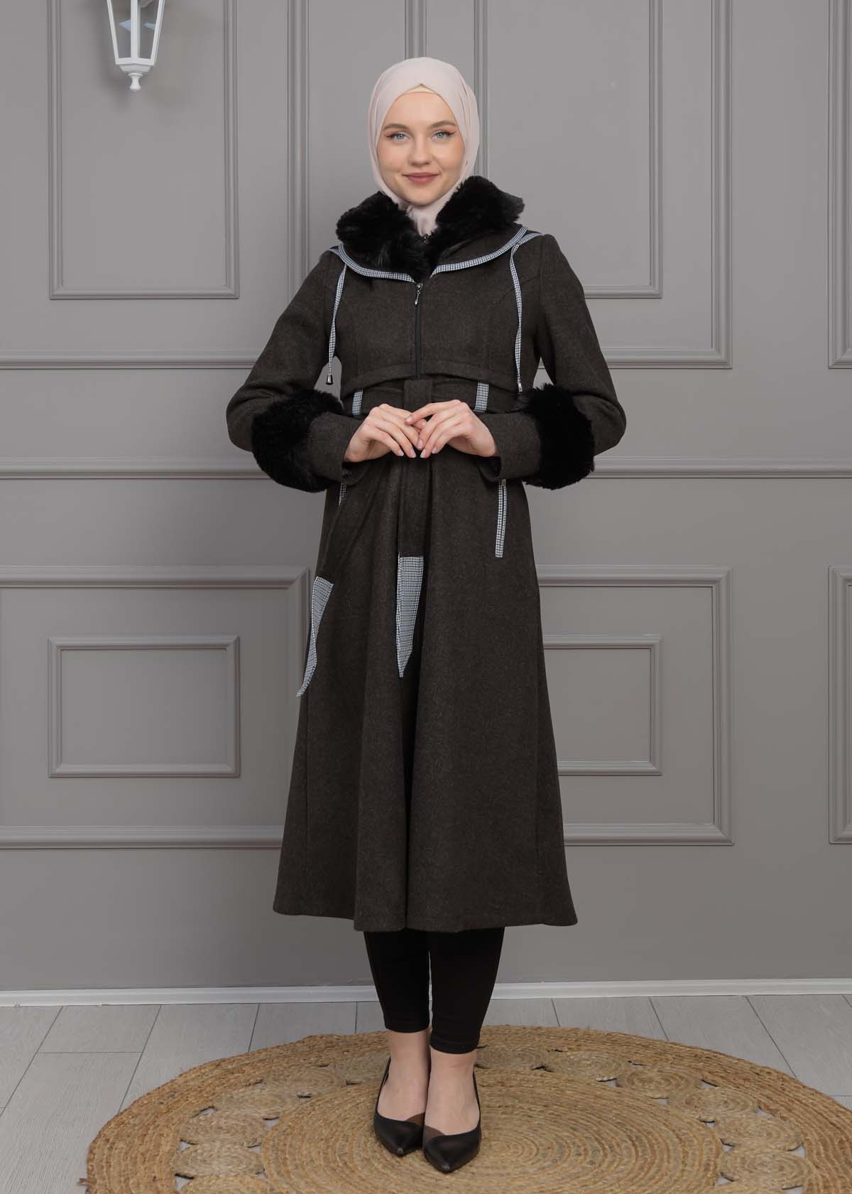 BELTED CACHET TOPCOAT WITH HOOD AND SLEEVE FUR DETAILS 1355 - black