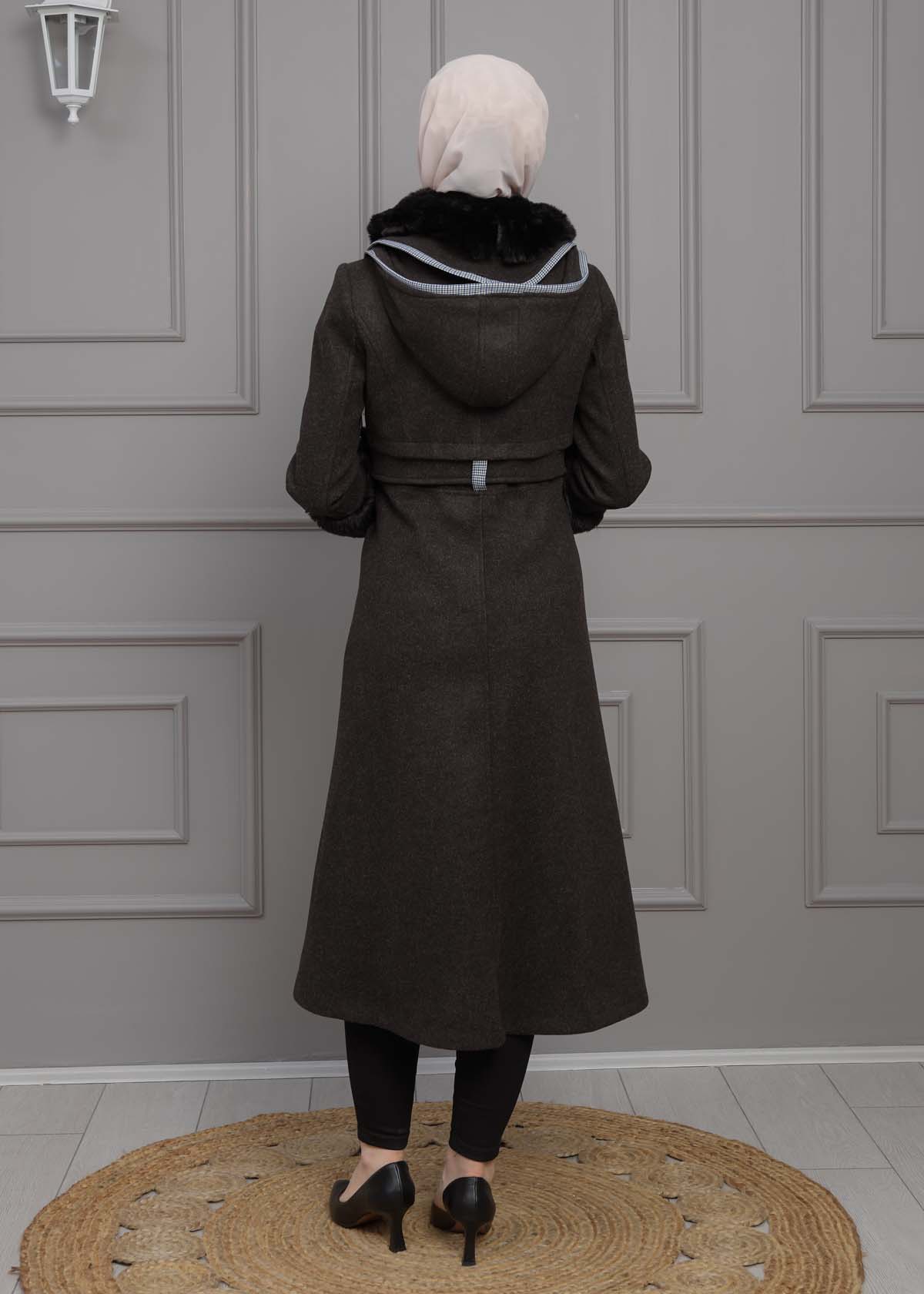 BELTED CACHET TOPCOAT WITH HOOD AND SLEEVE FUR DETAILS 1355 Siyah