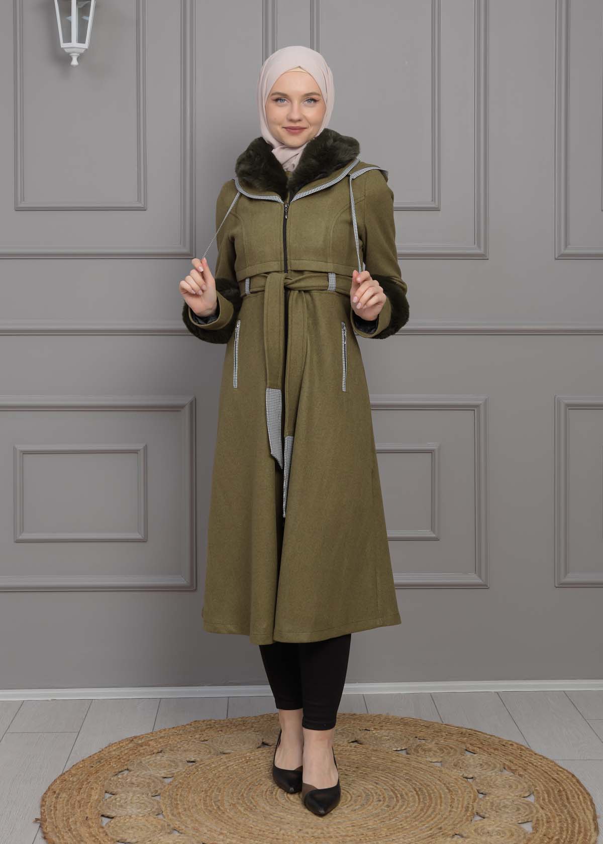 BELTED CACHET TOPCOAT WITH HOOD AND SLEEVE FUR DETAILS 1355 - khaki