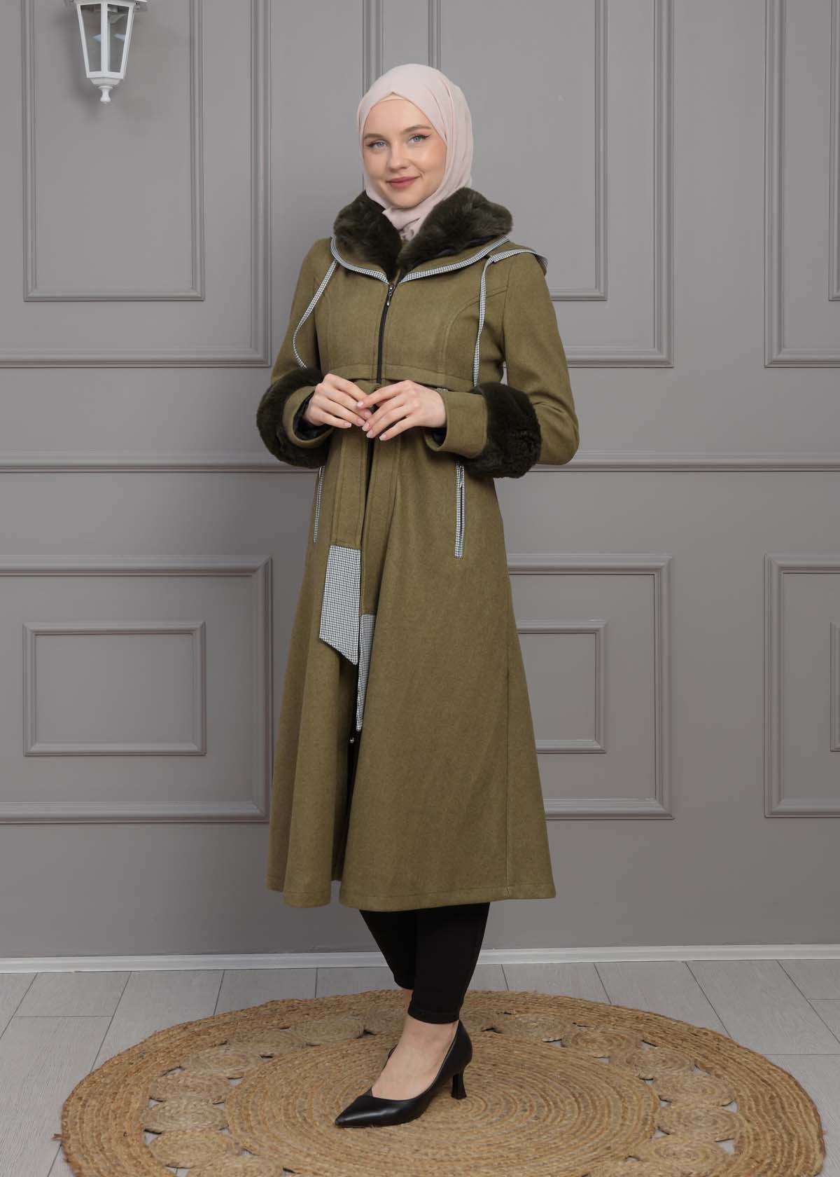 BELTED CACHET TOPCOAT WITH HOOD AND SLEEVE FUR DETAILS 1355 Haki