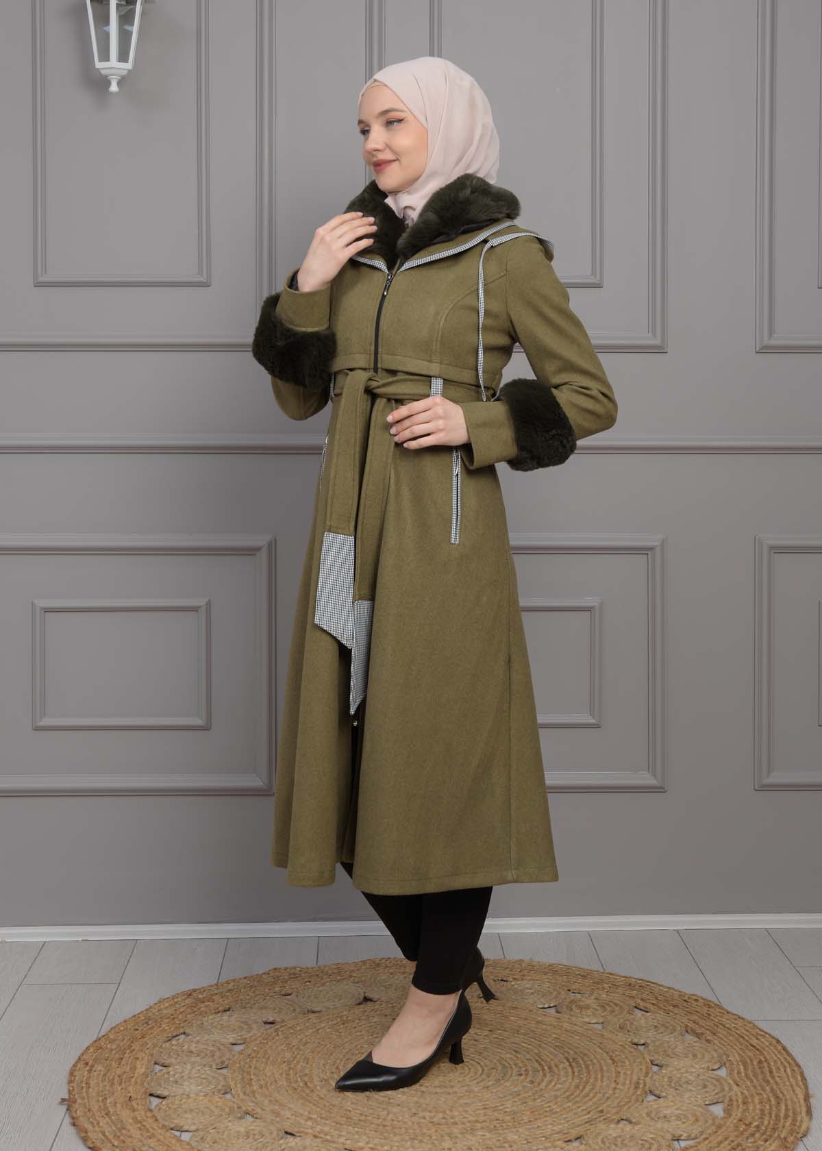 BELTED CACHET TOPCOAT WITH HOOD AND SLEEVE FUR DETAILS 1355 Haki