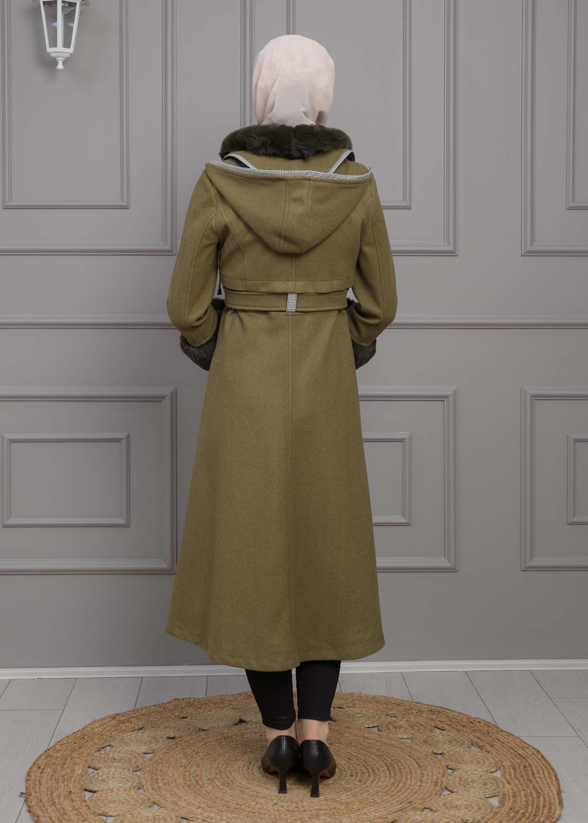 BELTED CACHET TOPCOAT WITH HOOD AND SLEEVE FUR DETAILS 1355 Haki