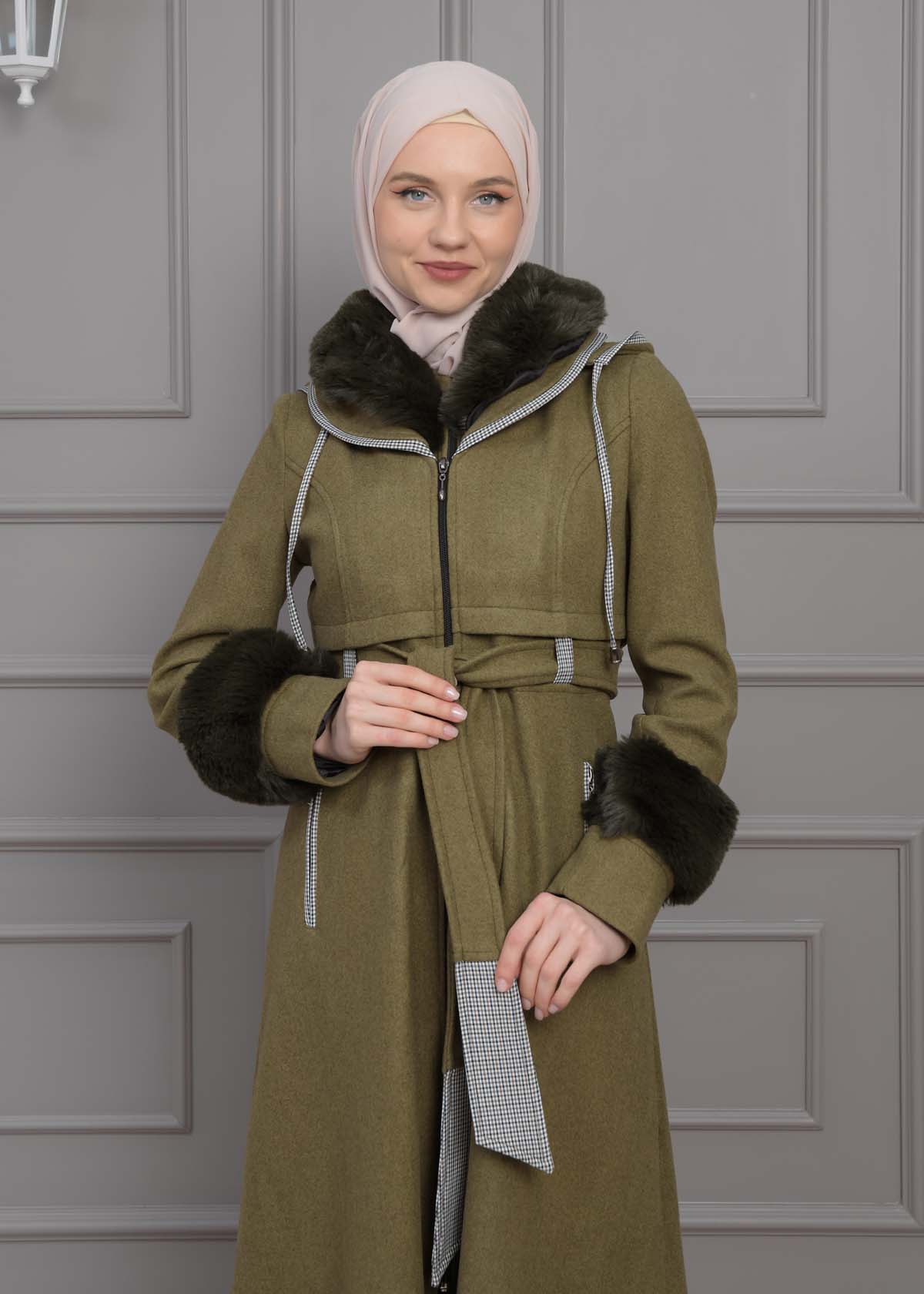 BELTED CACHET TOPCOAT WITH HOOD AND SLEEVE FUR DETAILS 1355 Haki