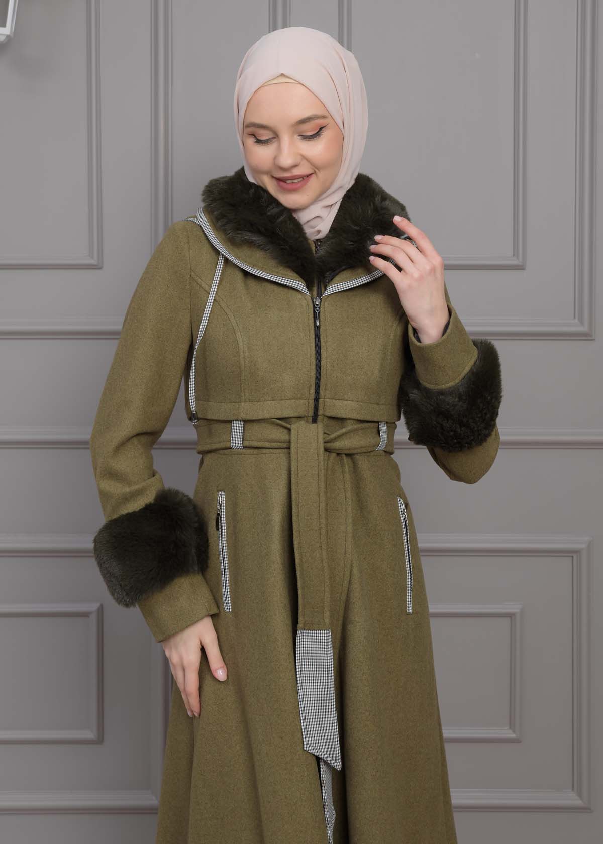 BELTED CACHET TOPCOAT WITH HOOD AND SLEEVE FUR DETAILS 1355 Haki