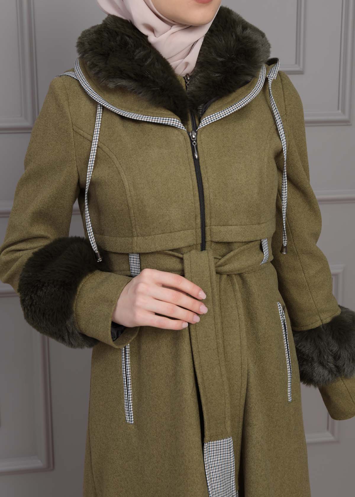 BELTED CACHET TOPCOAT WITH HOOD AND SLEEVE FUR DETAILS 1355 Haki