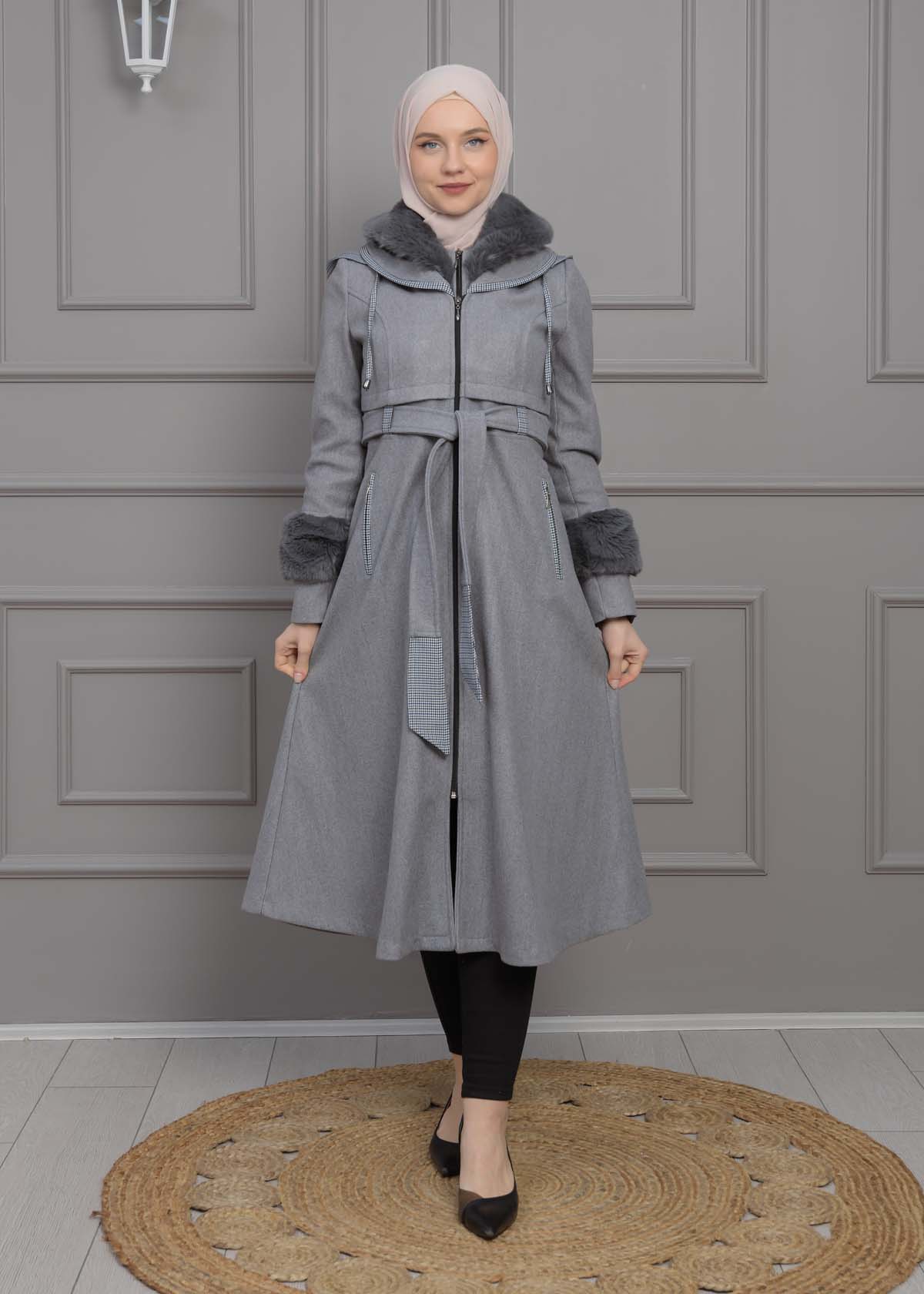 BELTED CACHET TOPCOAT WITH HOOD AND SLEEVE FUR DETAILS 1355 - gray