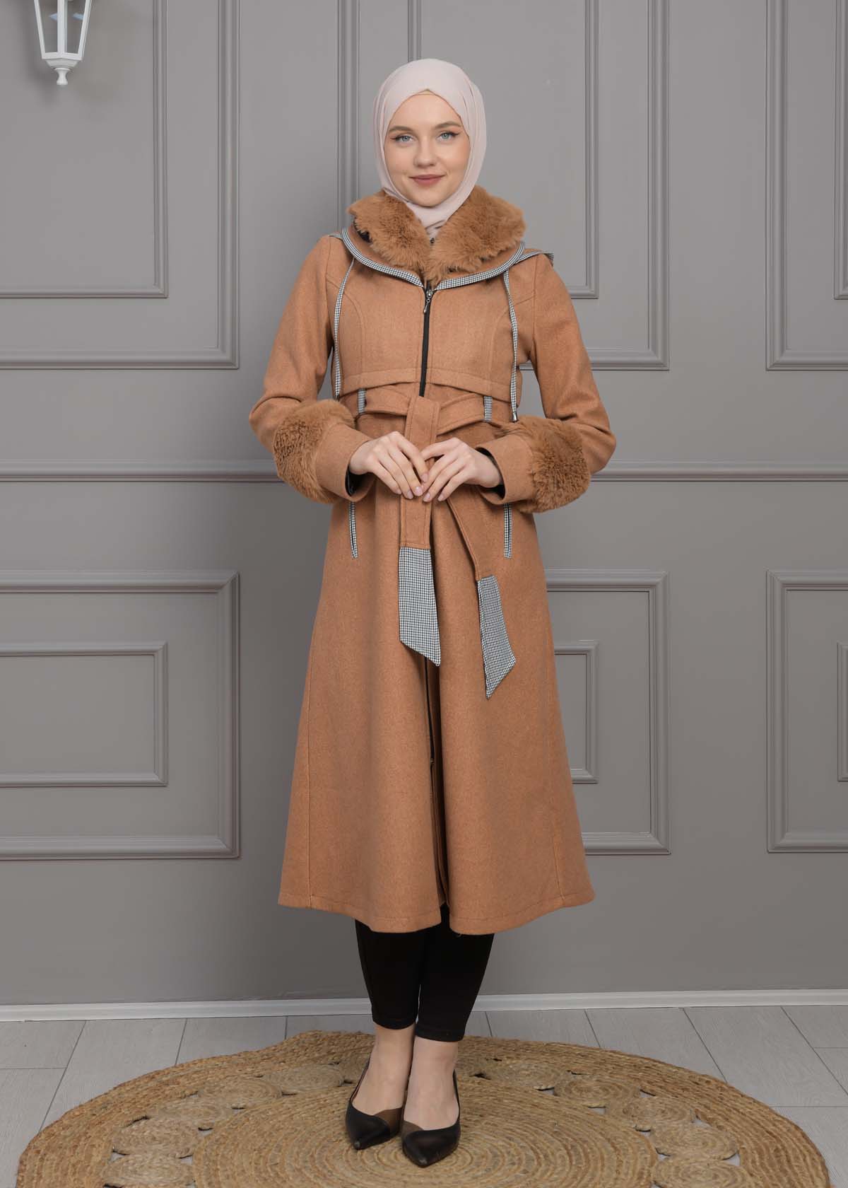 BELTED CACHET TOPCOAT WITH HOOD AND SLEEVE FUR DETAILS 1355 - tan