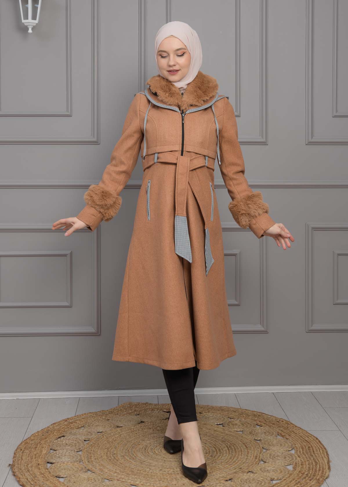 BELTED CACHET TOPCOAT WITH HOOD AND SLEEVE FUR DETAILS 1355 taba