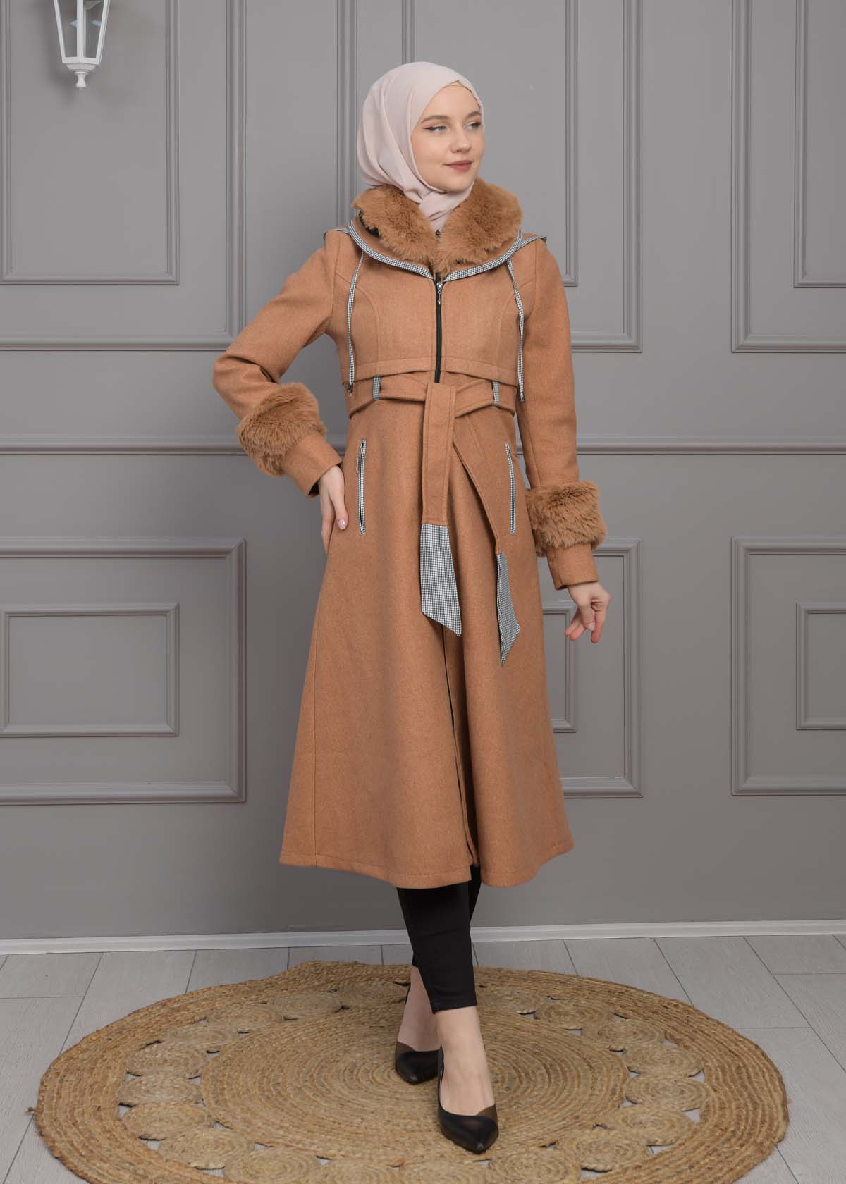 BELTED CACHET TOPCOAT WITH HOOD AND SLEEVE FUR DETAILS 1355 taba