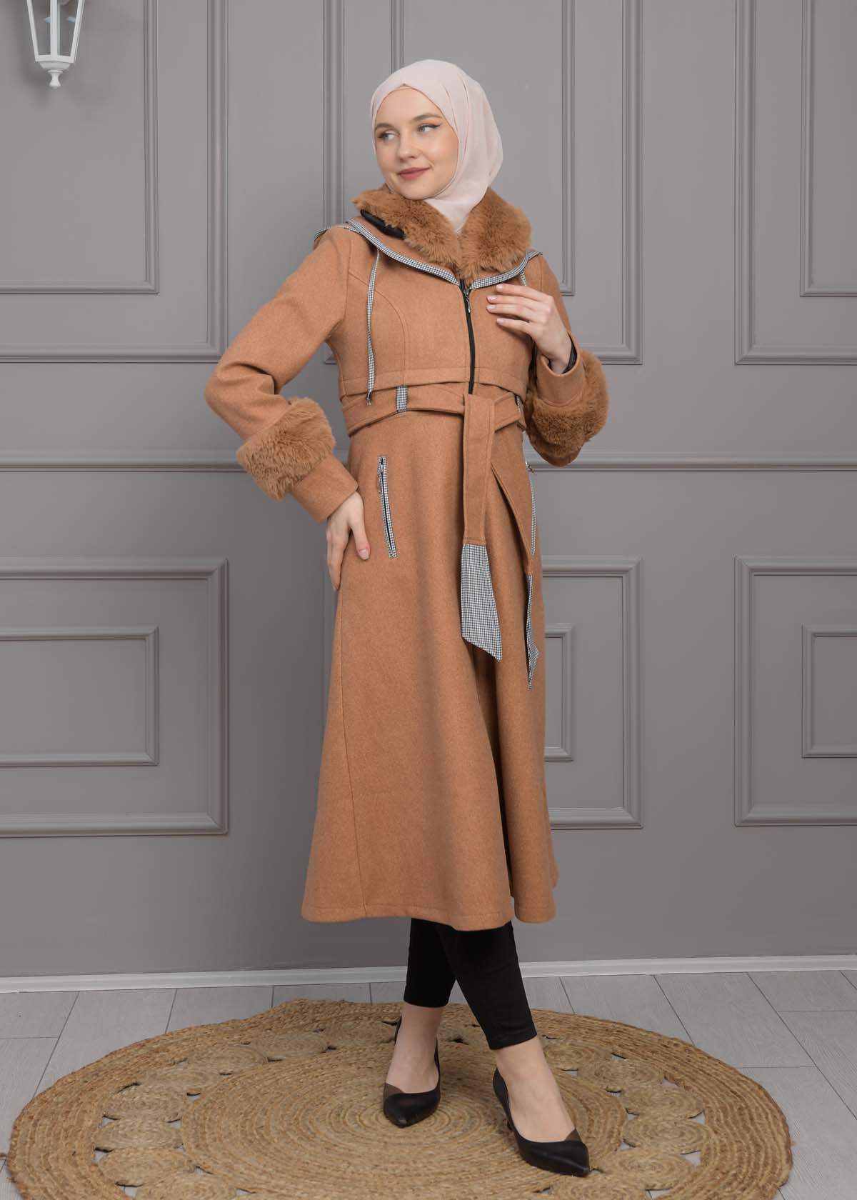 BELTED CACHET TOPCOAT WITH HOOD AND SLEEVE FUR DETAILS 1355 taba