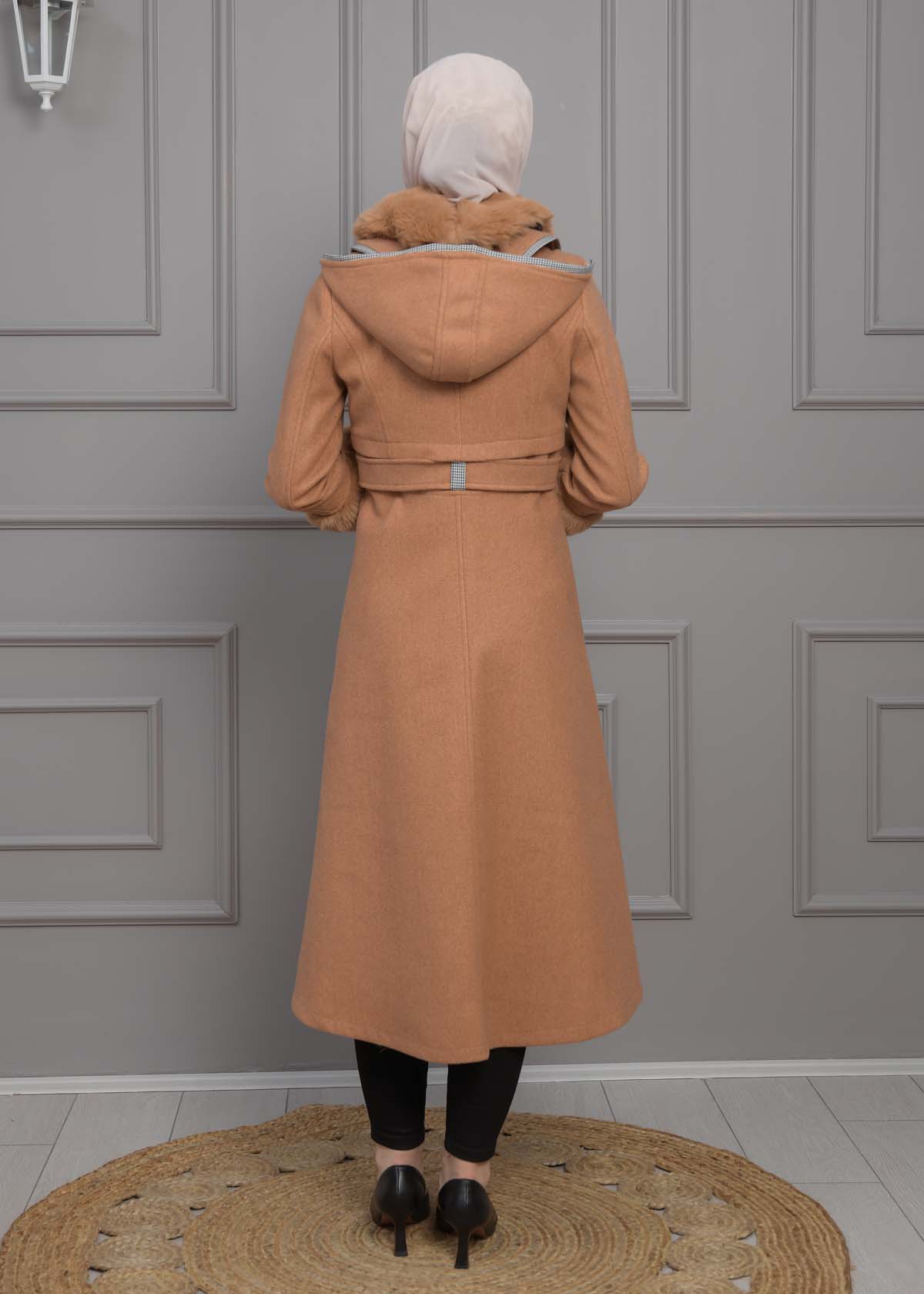 BELTED CACHET TOPCOAT WITH HOOD AND SLEEVE FUR DETAILS 1355 taba