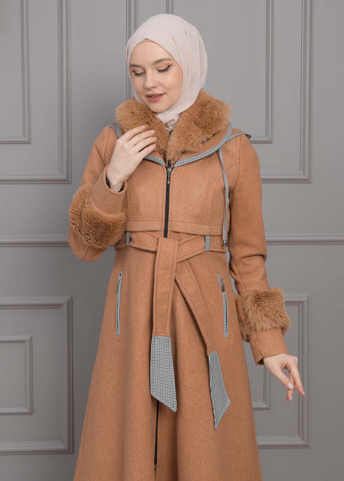 BELTED CACHET TOPCOAT WITH HOOD AND SLEEVE FUR DETAILS 1355 taba