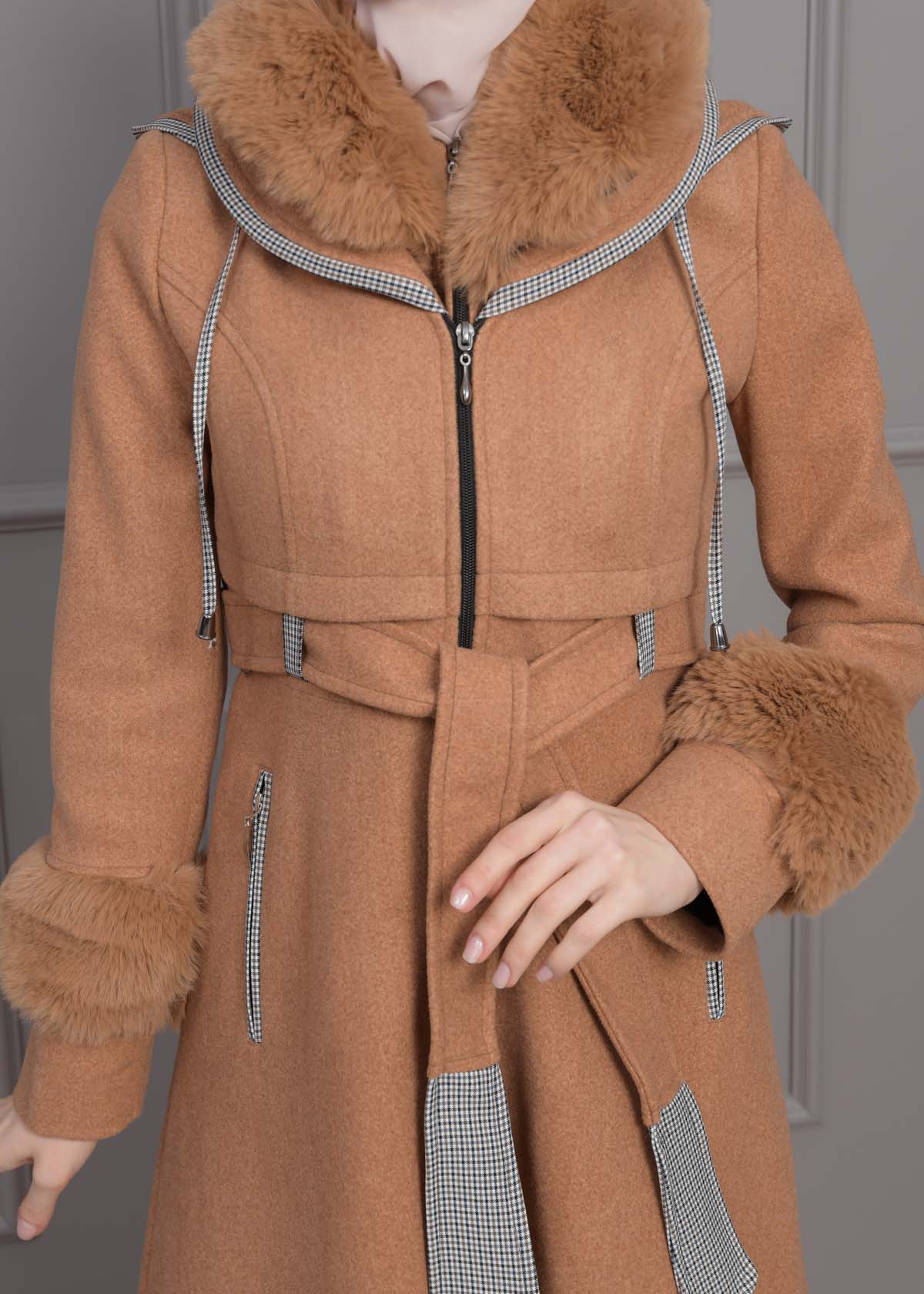 BELTED CACHET TOPCOAT WITH HOOD AND SLEEVE FUR DETAILS 1355 taba