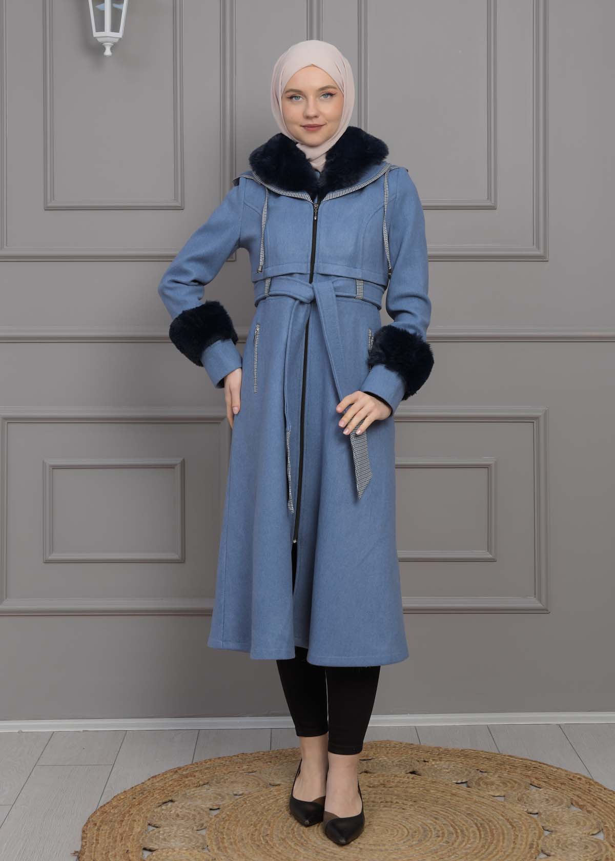 BELTED CACHET TOPCOAT WITH HOOD AND SLEEVE FUR DETAILS 1355 Mavi