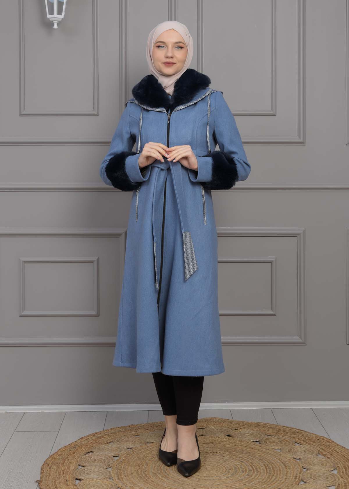 BELTED CACHET TOPCOAT WITH HOOD AND SLEEVE FUR DETAILS 1355 Mavi