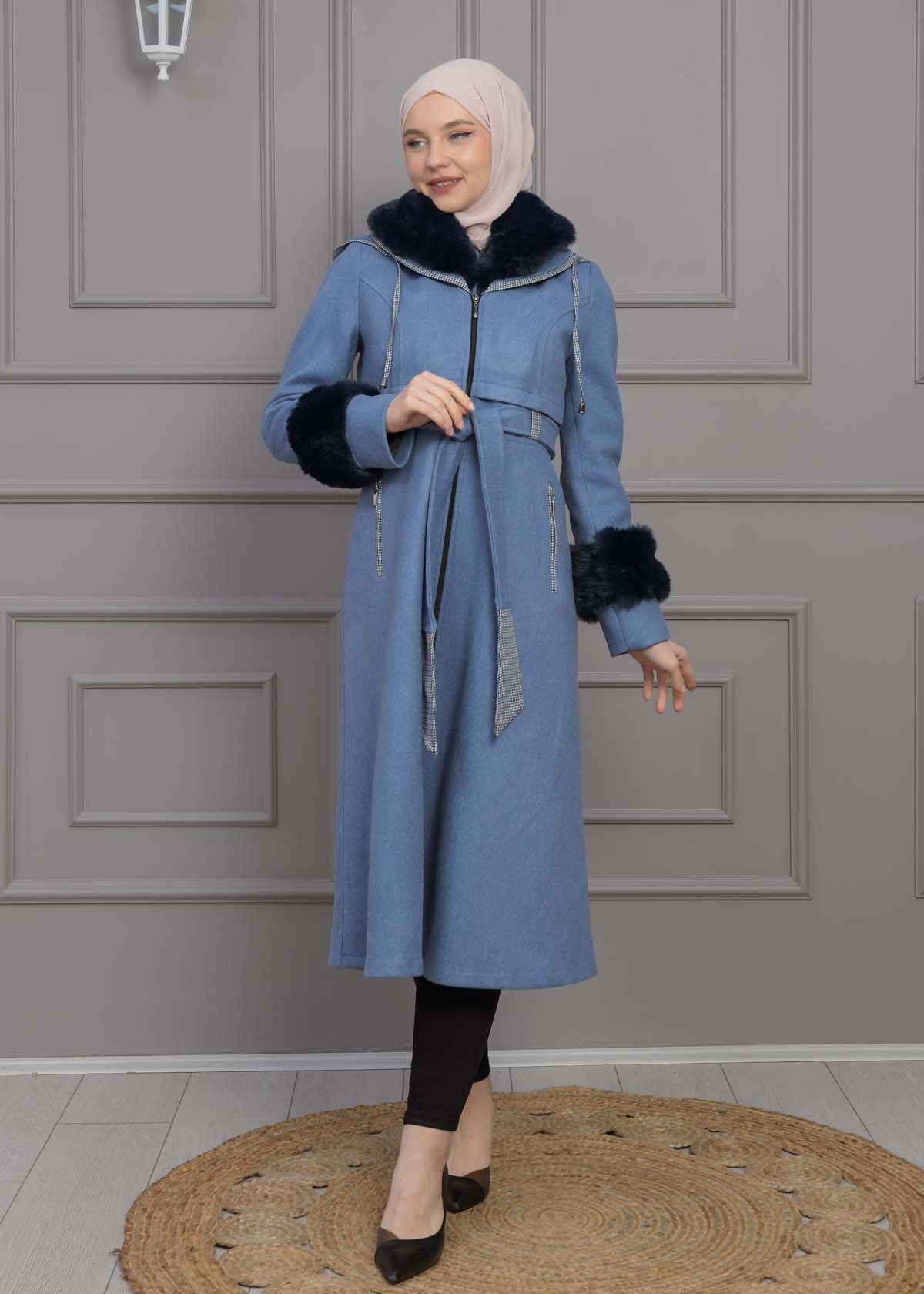 BELTED CACHET TOPCOAT WITH HOOD AND SLEEVE FUR DETAILS 1355 Mavi