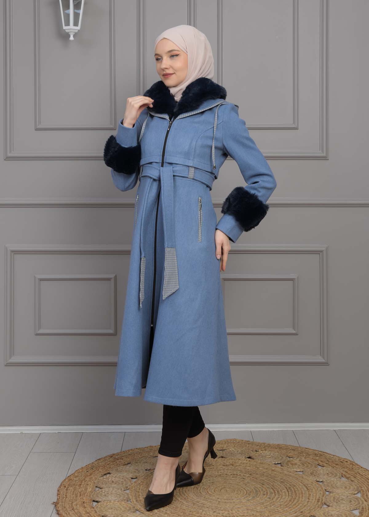 BELTED CACHET TOPCOAT WITH HOOD AND SLEEVE FUR DETAILS 1355 Mavi