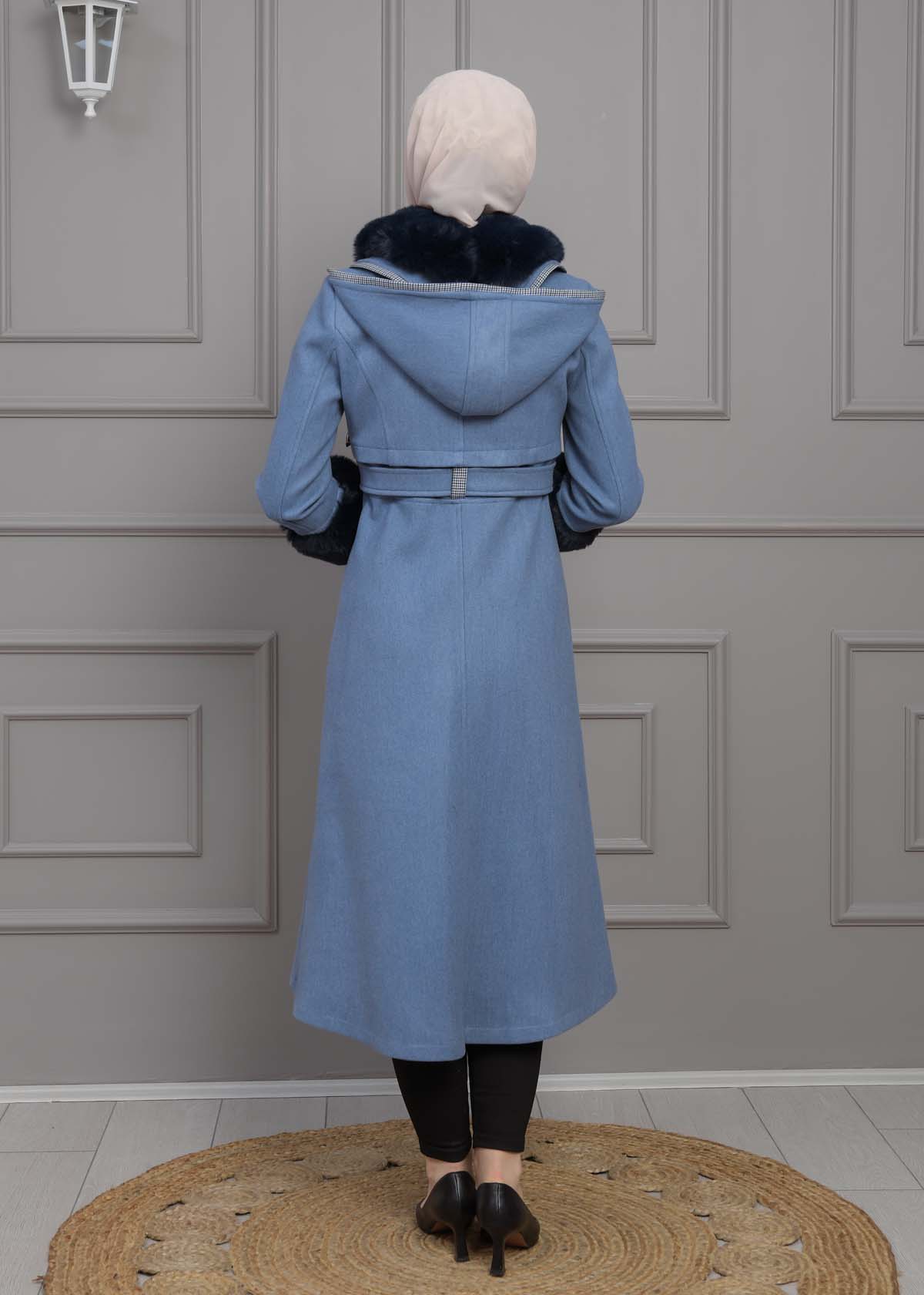 BELTED CACHET TOPCOAT WITH HOOD AND SLEEVE FUR DETAILS 1355 Mavi