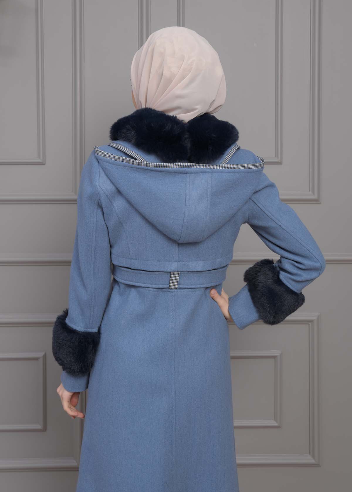 BELTED CACHET TOPCOAT WITH HOOD AND SLEEVE FUR DETAILS 1355 Mavi