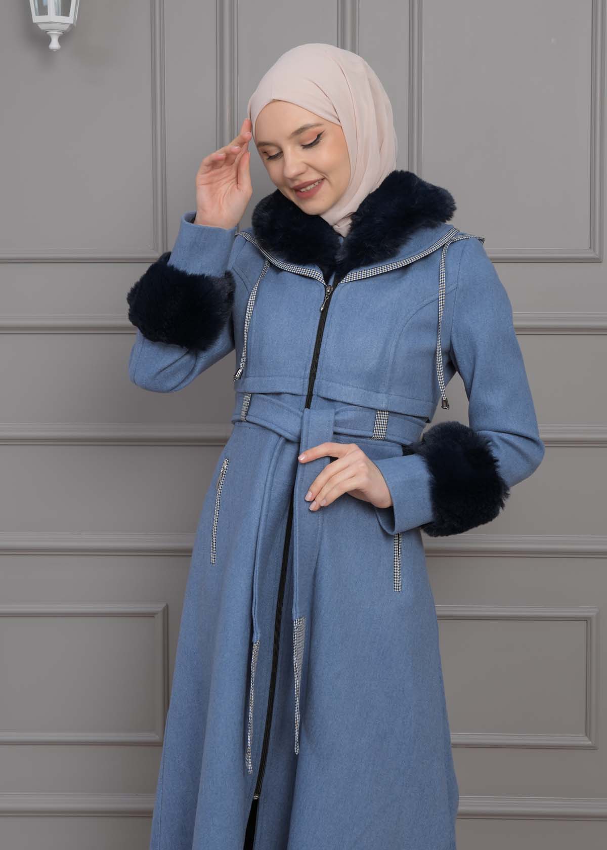 BELTED CACHET TOPCOAT WITH HOOD AND SLEEVE FUR DETAILS 1355 Mavi