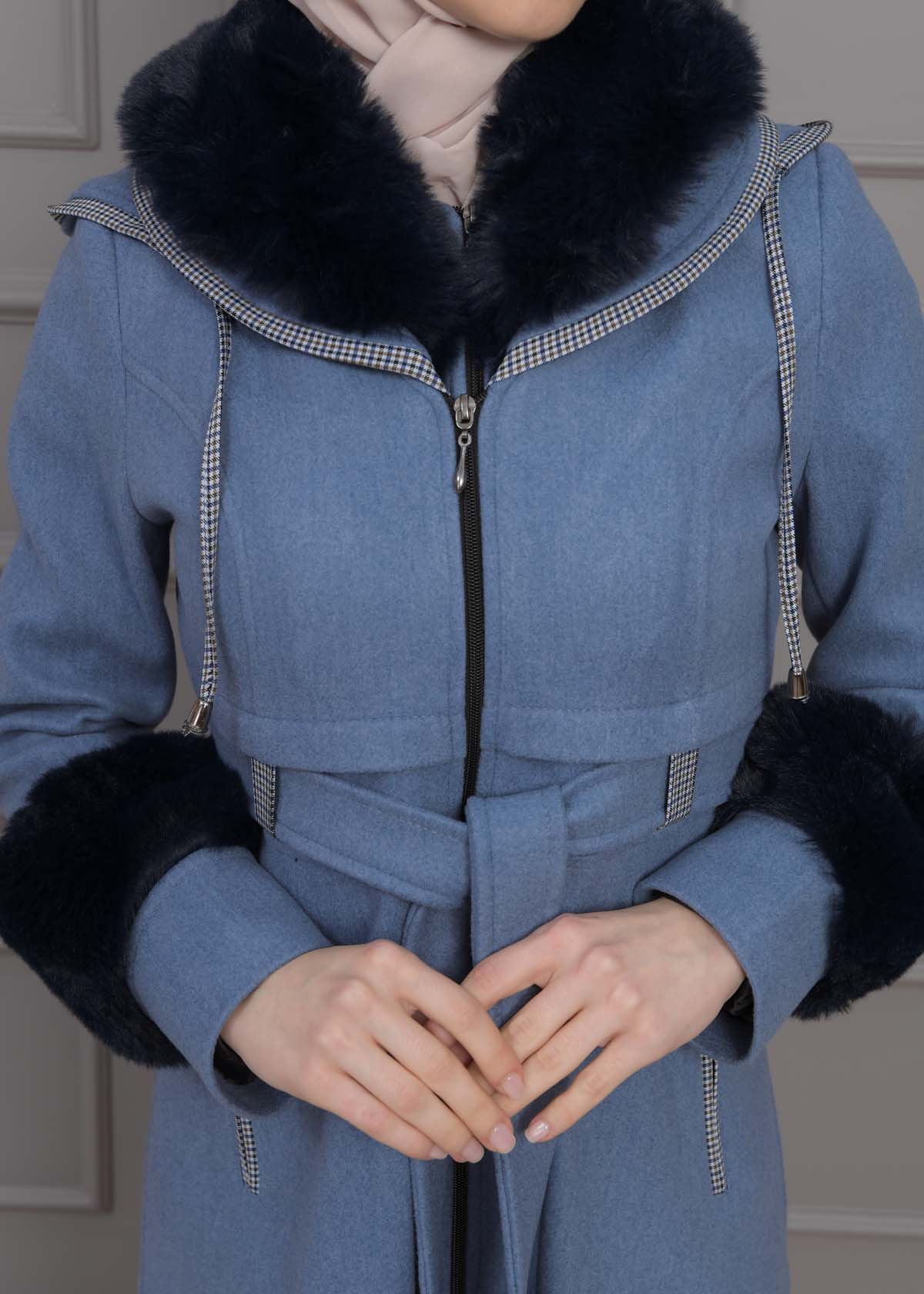 BELTED CACHET TOPCOAT WITH HOOD AND SLEEVE FUR DETAILS 1355 Mavi