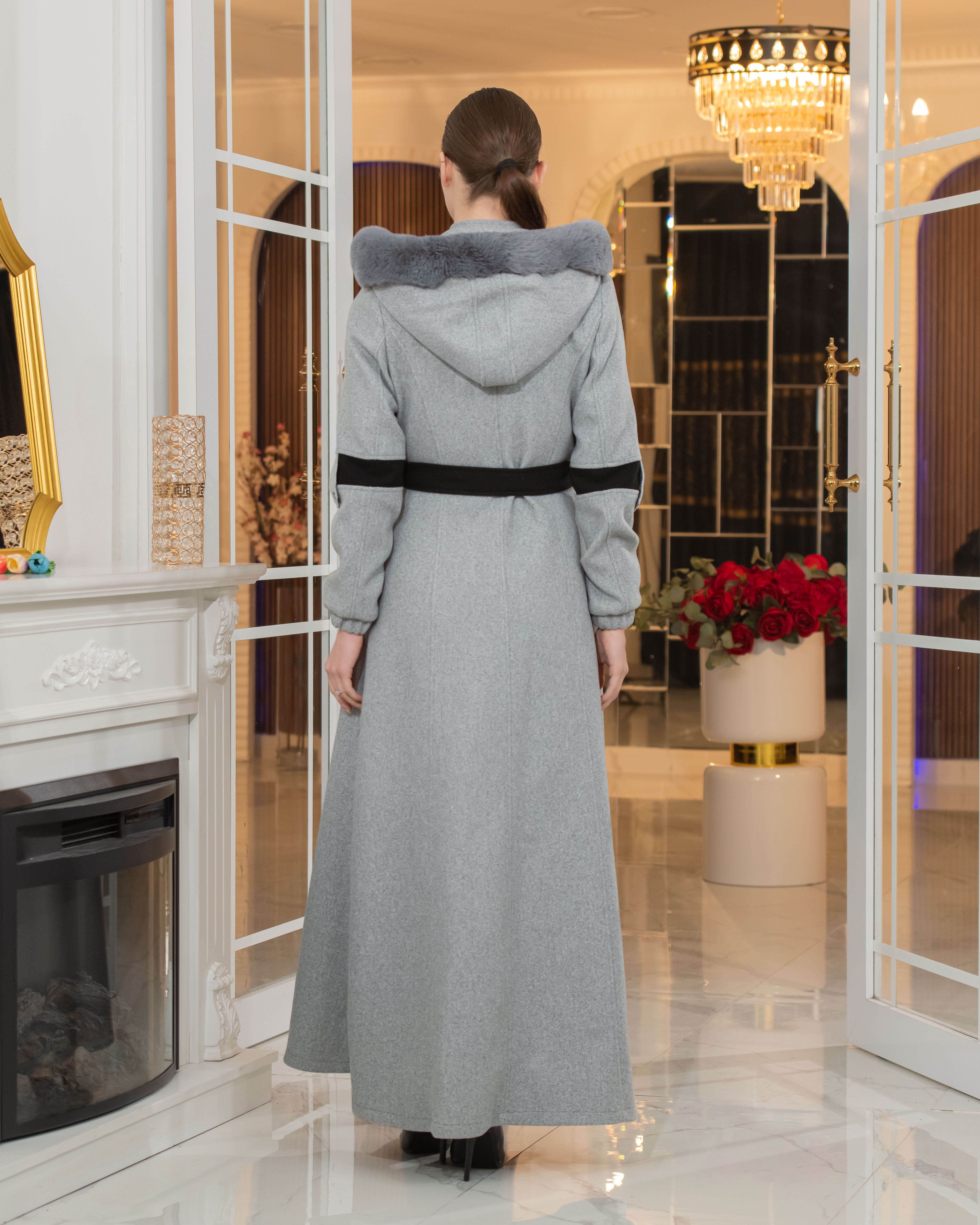 Cashmere Wool Coat with Fur Lining and Removable Hood - Code 1374 - gray