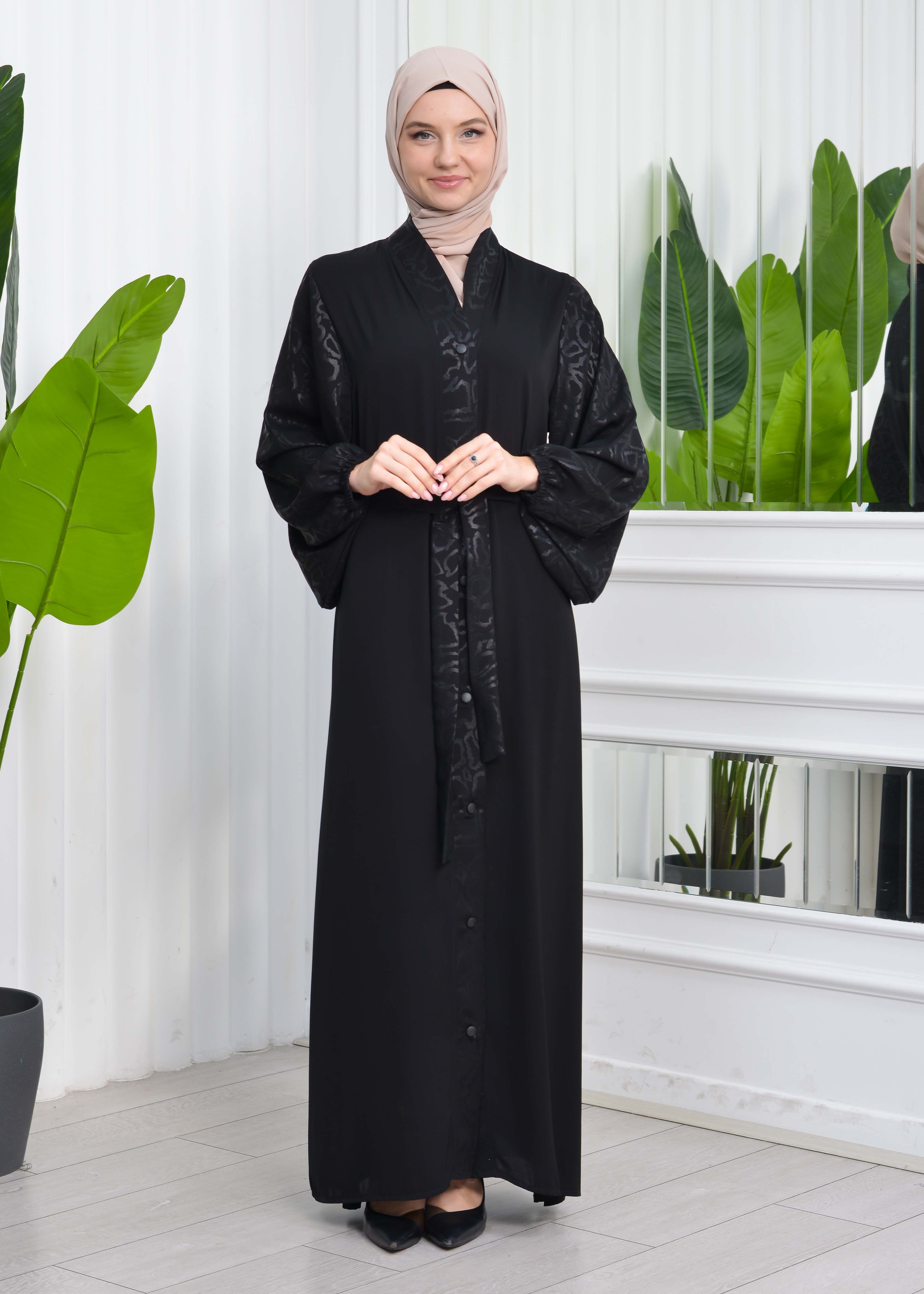 BELTED PRINTED BUTTONED BLACK HIJAB ABAYA 642 Siyah