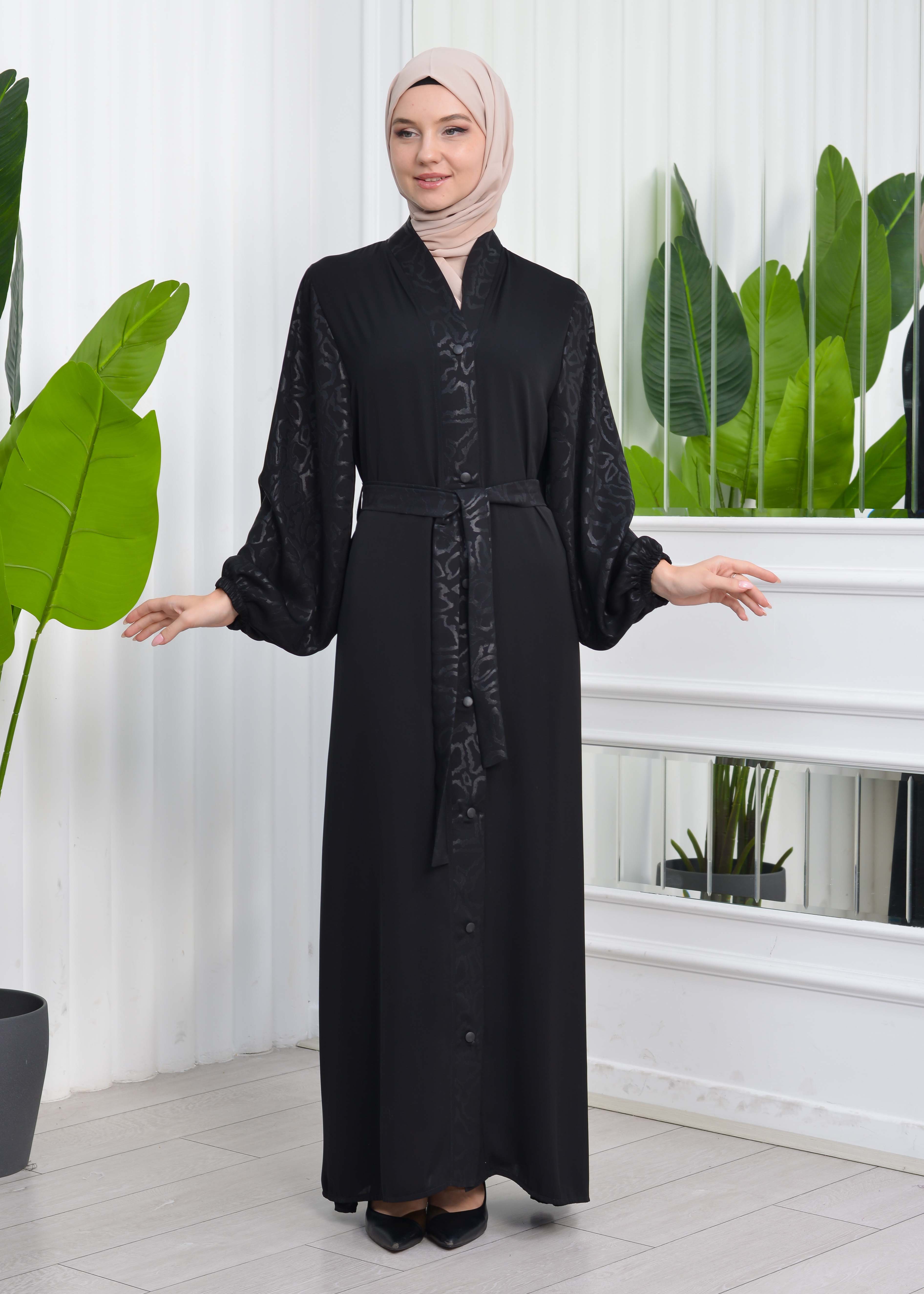 BELTED PRINTED BUTTONED BLACK HIJAB ABAYA 642 Siyah