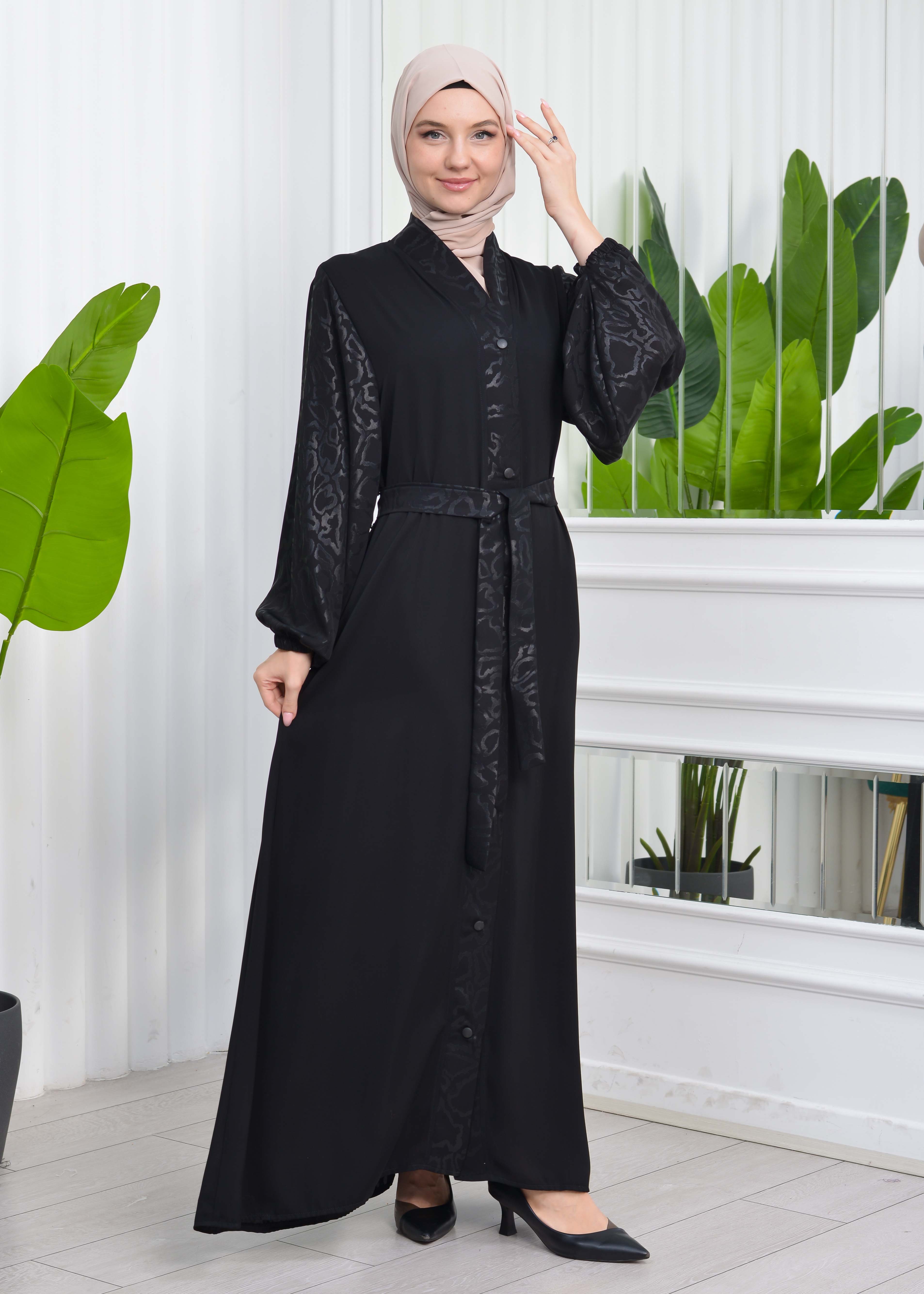 BELTED PRINTED BUTTONED BLACK HIJAB ABAYA 642 Siyah