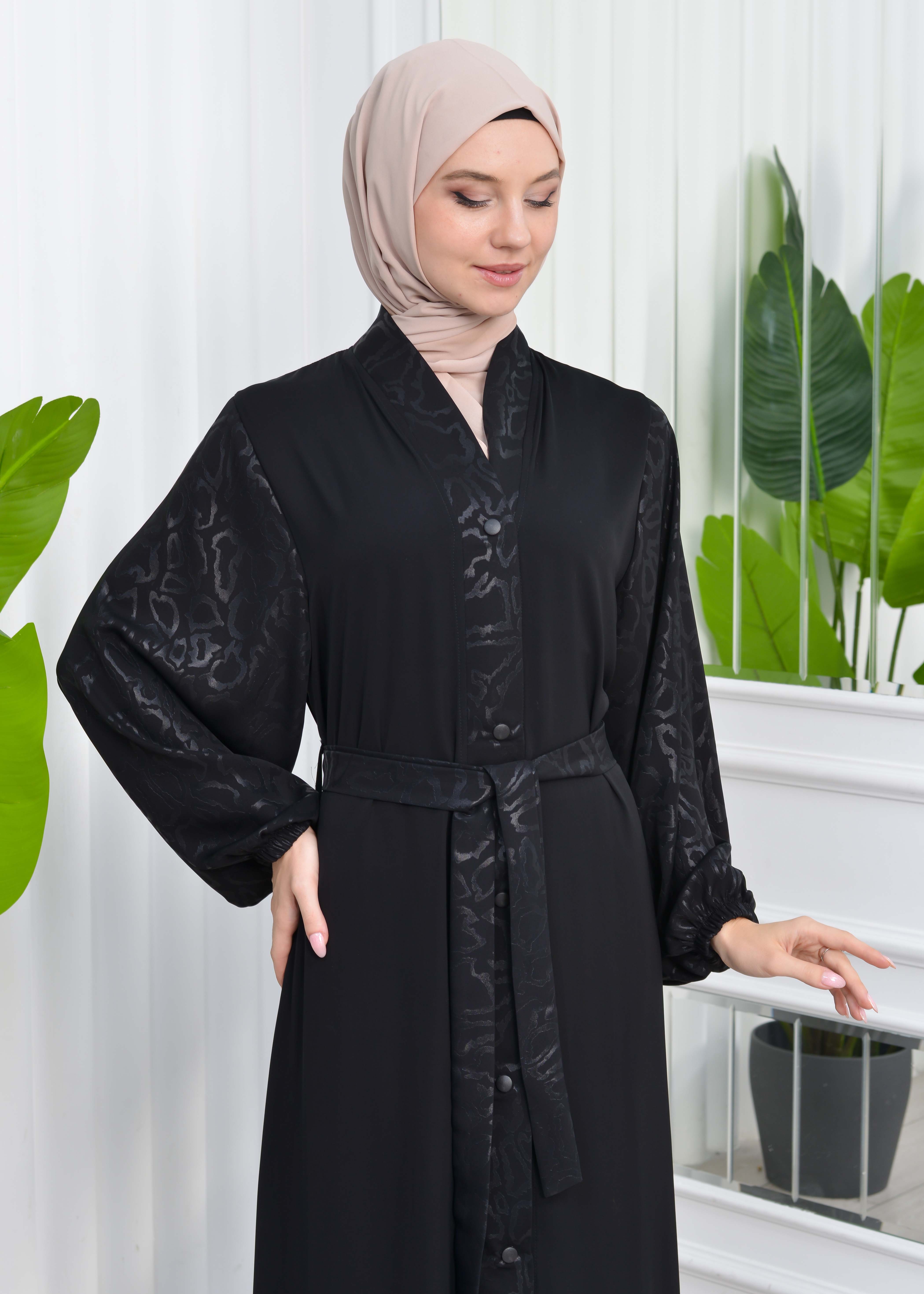 BELTED PRINTED BUTTONED BLACK HIJAB ABAYA 642 Siyah