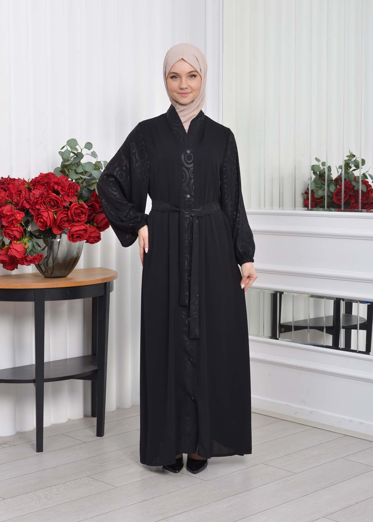 BELTED BUTTONED BLACK HIJAB ABAYA 640 Siyah