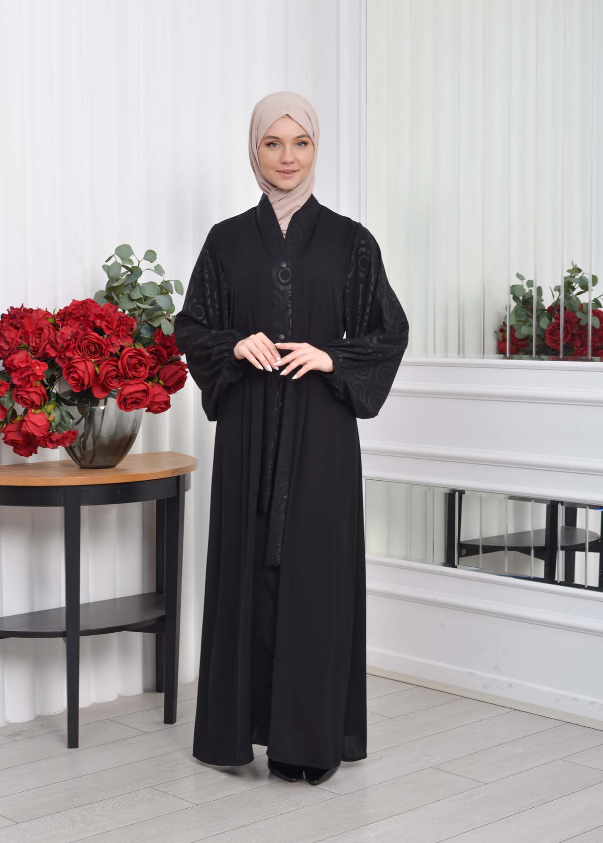 BELTED BUTTONED BLACK HIJAB ABAYA 640 Siyah