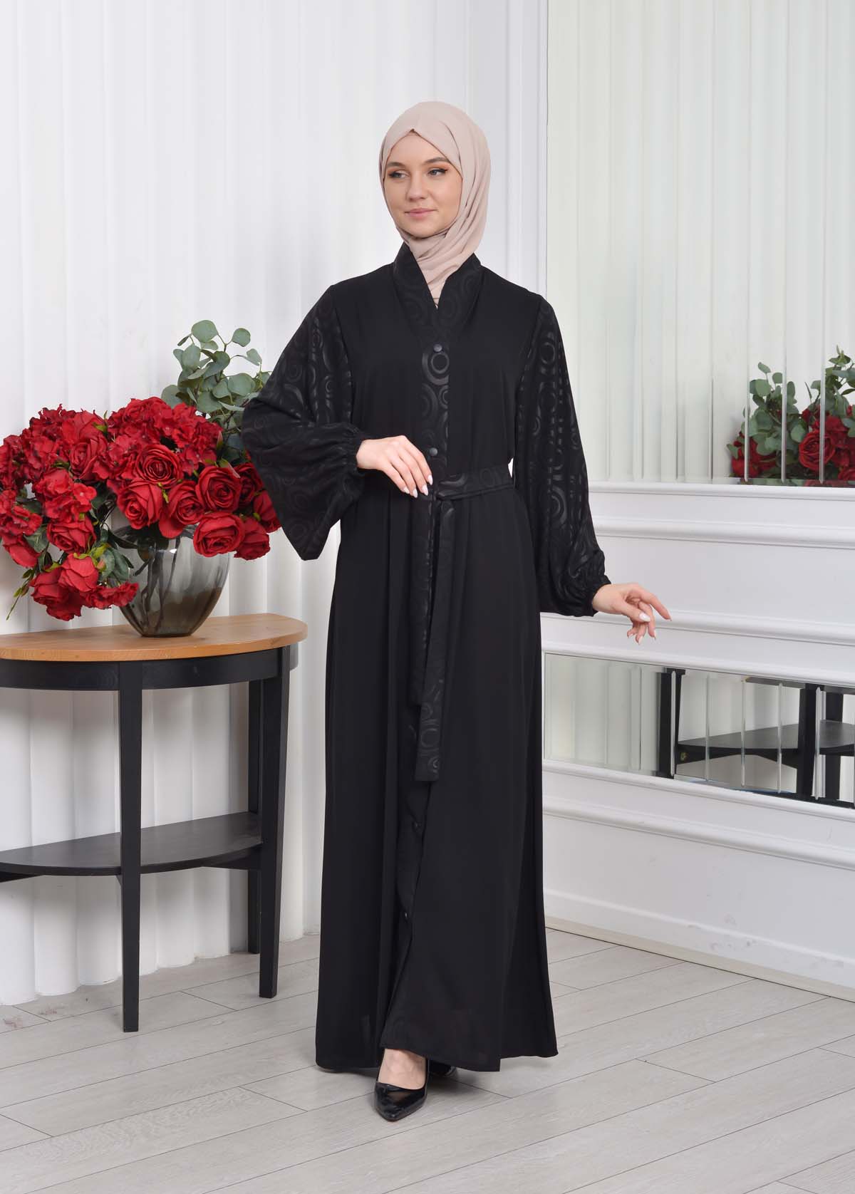 BELTED BUTTONED BLACK HIJAB ABAYA 640 Siyah