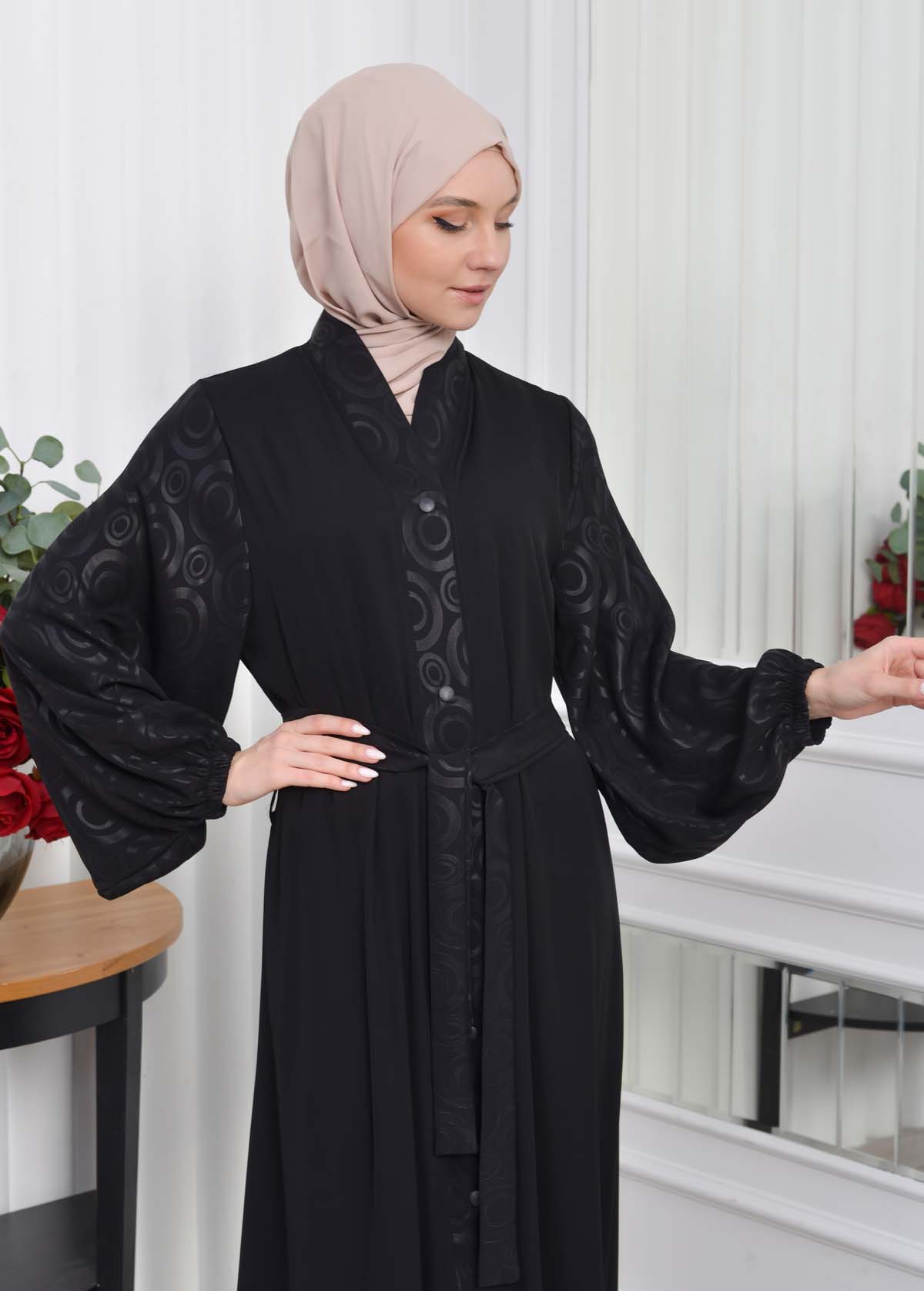 BELTED BUTTONED BLACK HIJAB ABAYA 640 Siyah