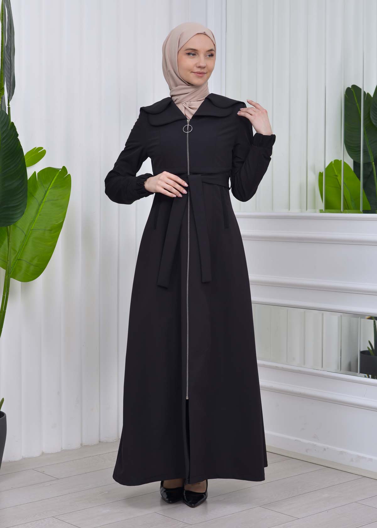 Belted Hooded Hijab Parachute Topcoat 1211 Siyah